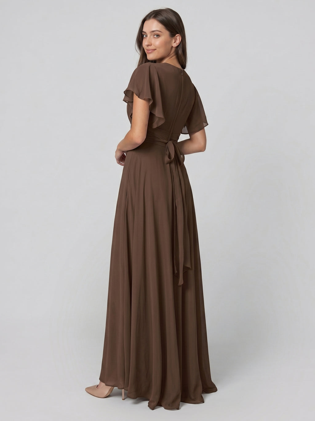 Mocha Chiffon A-Line V-Neck Back Zip Floor-Length Ruffle Bridesmaid Dress