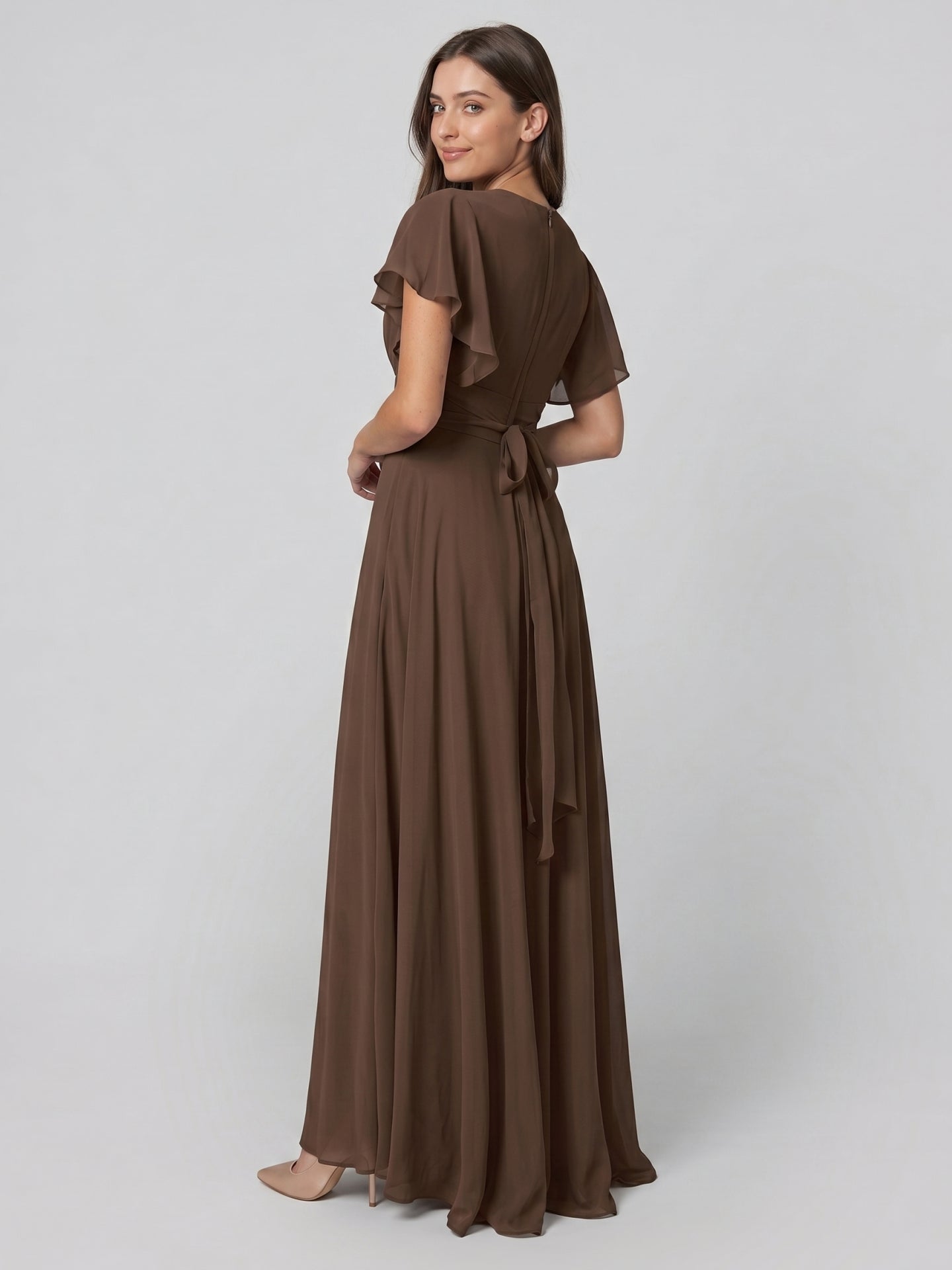Mocha Chiffon A-Line V-Neck Back Zip Floor-Length Ruffle Bridesmaid Dress