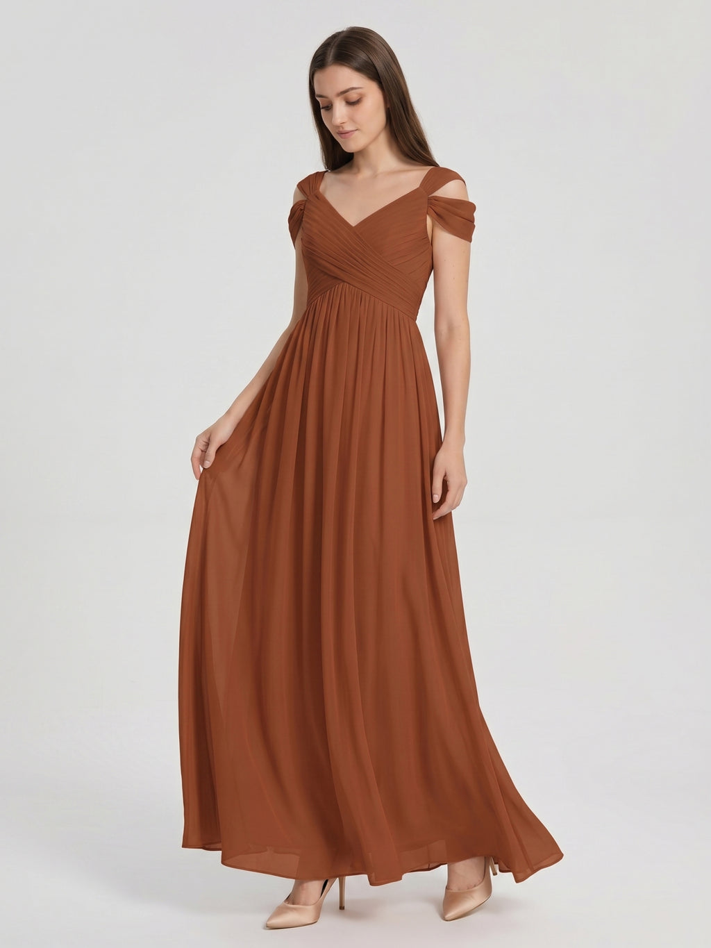 Terracotta Chiffon Empire Off-the-Shoulder V-Back Floor-Length Pleated Bridesmaid Dress