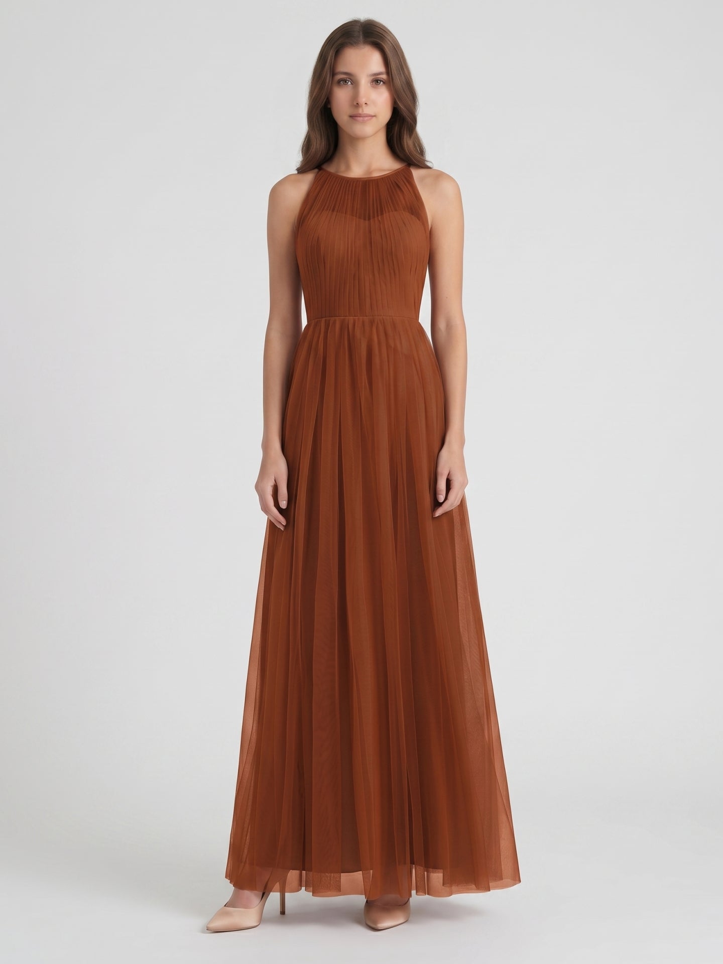 Terracotta Tulle A-Line Scoop Neck Back Zip Floor-Length Pleated Bridesmaid Dress