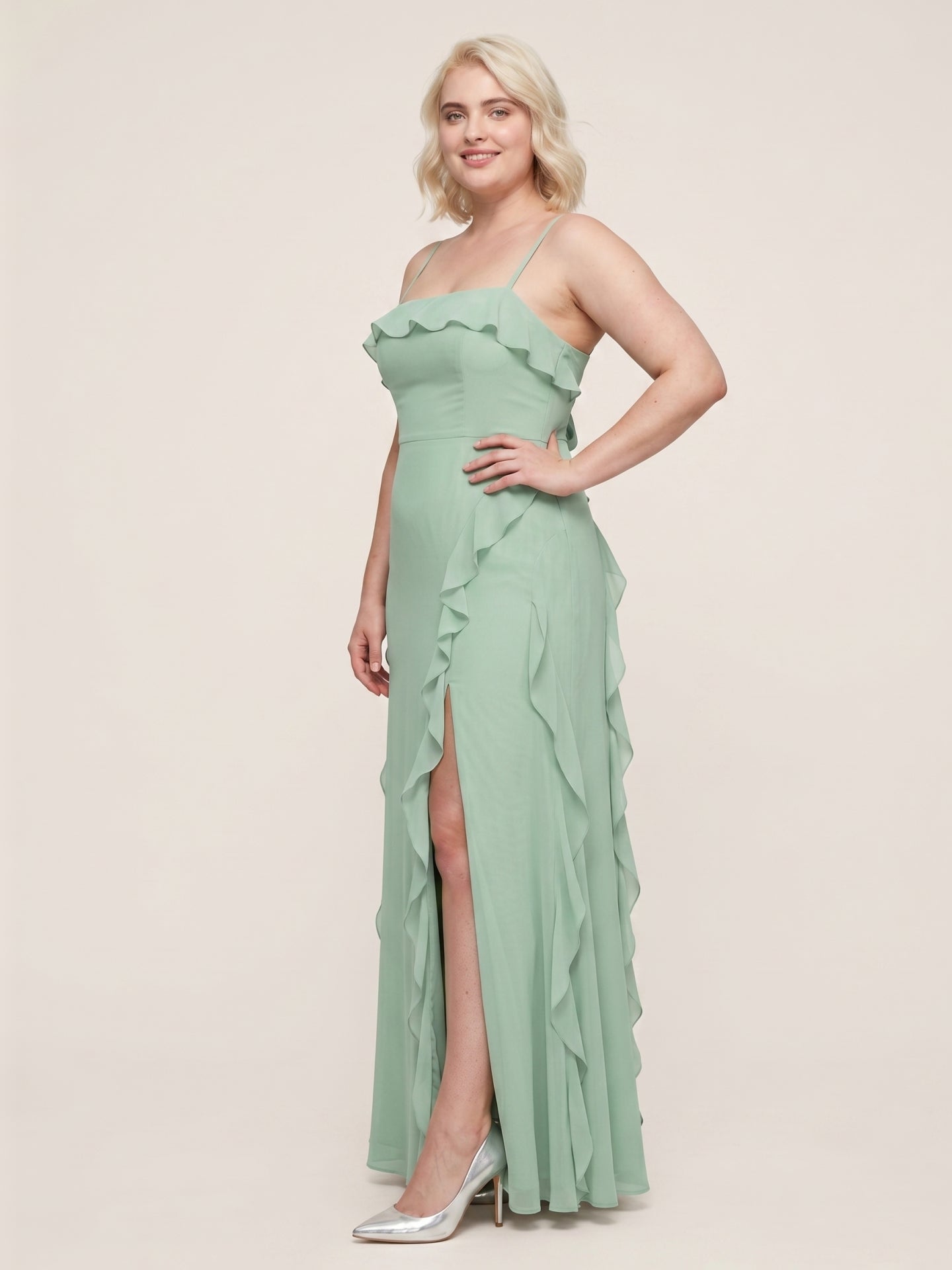 Elegant Mint Green Chiffon A-Line Straight Neck Backless with Ruffle Ankle-Length Plus Size Bridesmaid Dress