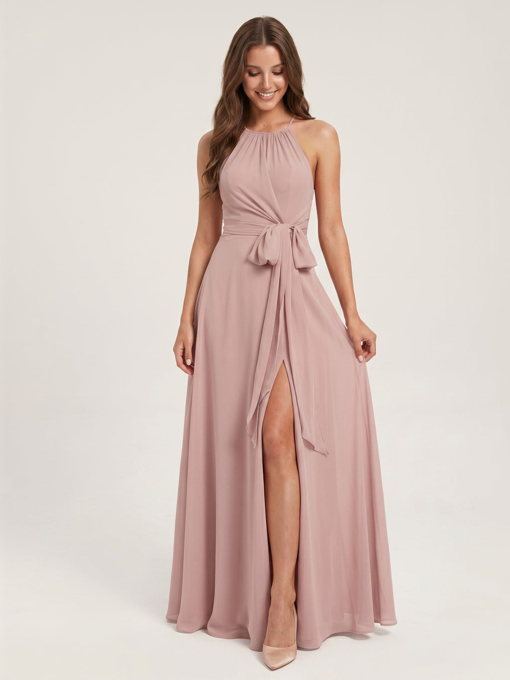 Coquette Dusty Rose Chiffon A-Line Halter neckline Back Zip Ankle-Length  Bridesmaid Dress