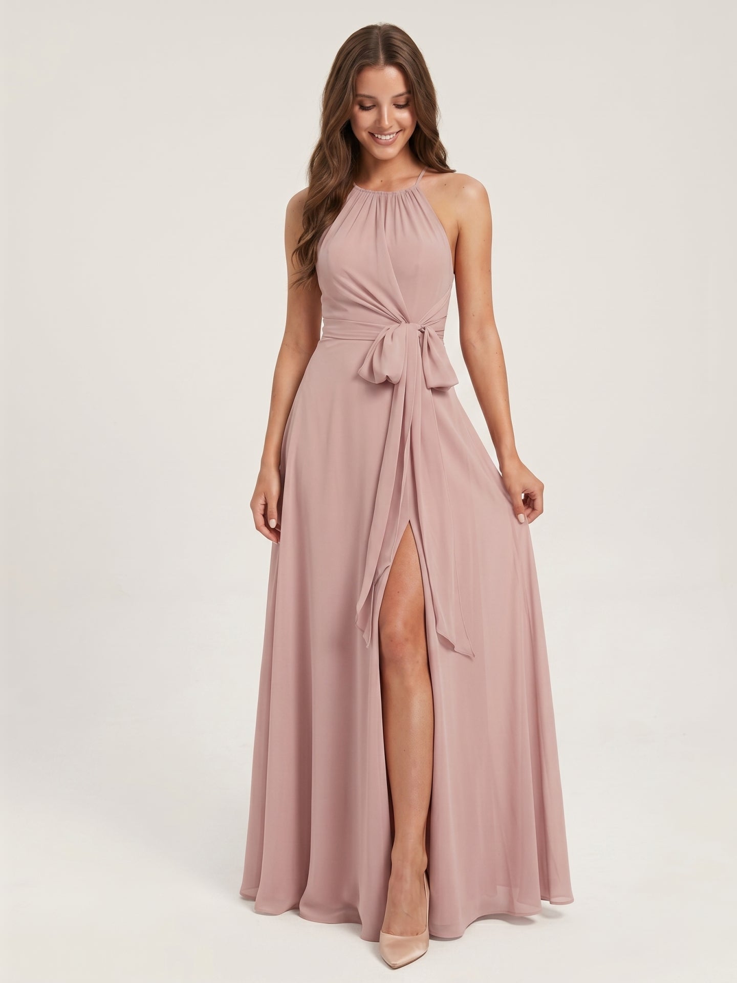 Coquette Dusty Rose Chiffon A-Line Halter neckline Back Zip Ankle-Length  Bridesmaid Dress