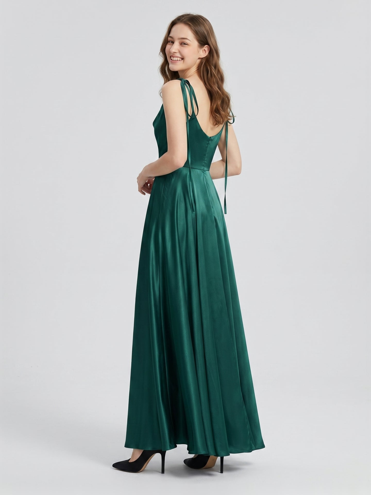 Peacock Satin A-Line Cowl Neck Back Zip Floor-Length Bridesmaid Dress with Bow