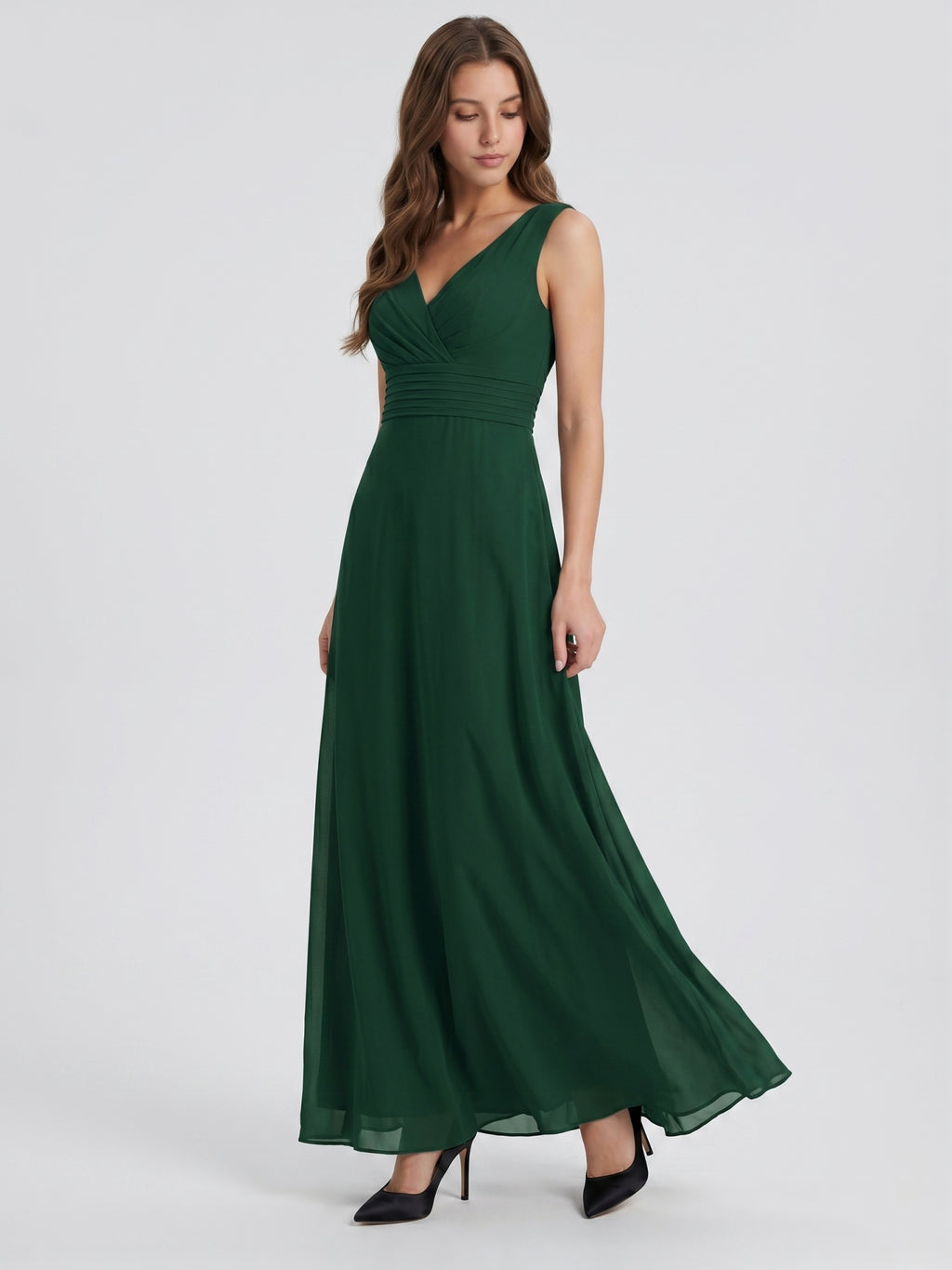 Forest Green Chiffon A-Line V-Neck Keyhole Back Floor-Length Pleated Bridesmaid Dress