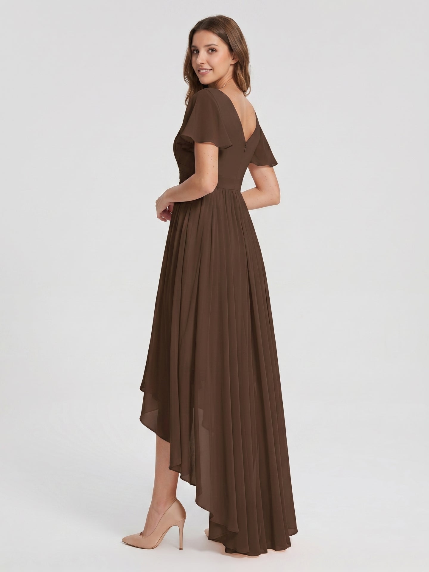 Mocha Chiffon A-Line V-Neck V-Back Asymmetrical Pleated Bridesmaid Dress