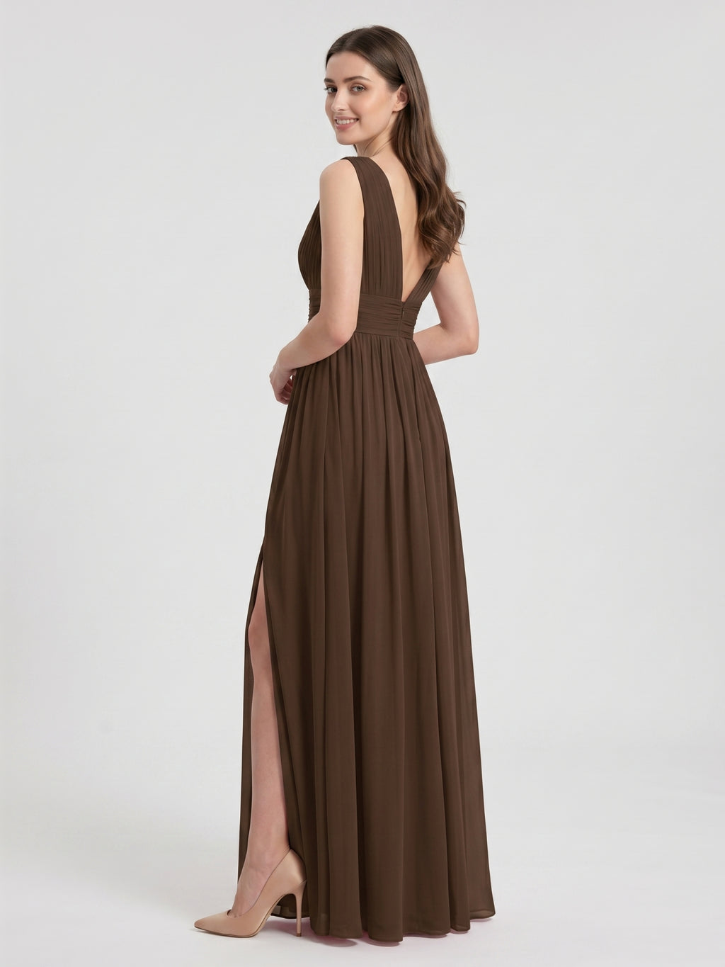 Mocha Chiffon A-Line V-Neck V-Back Ankle-Length Pleated Bridesmaid Dress