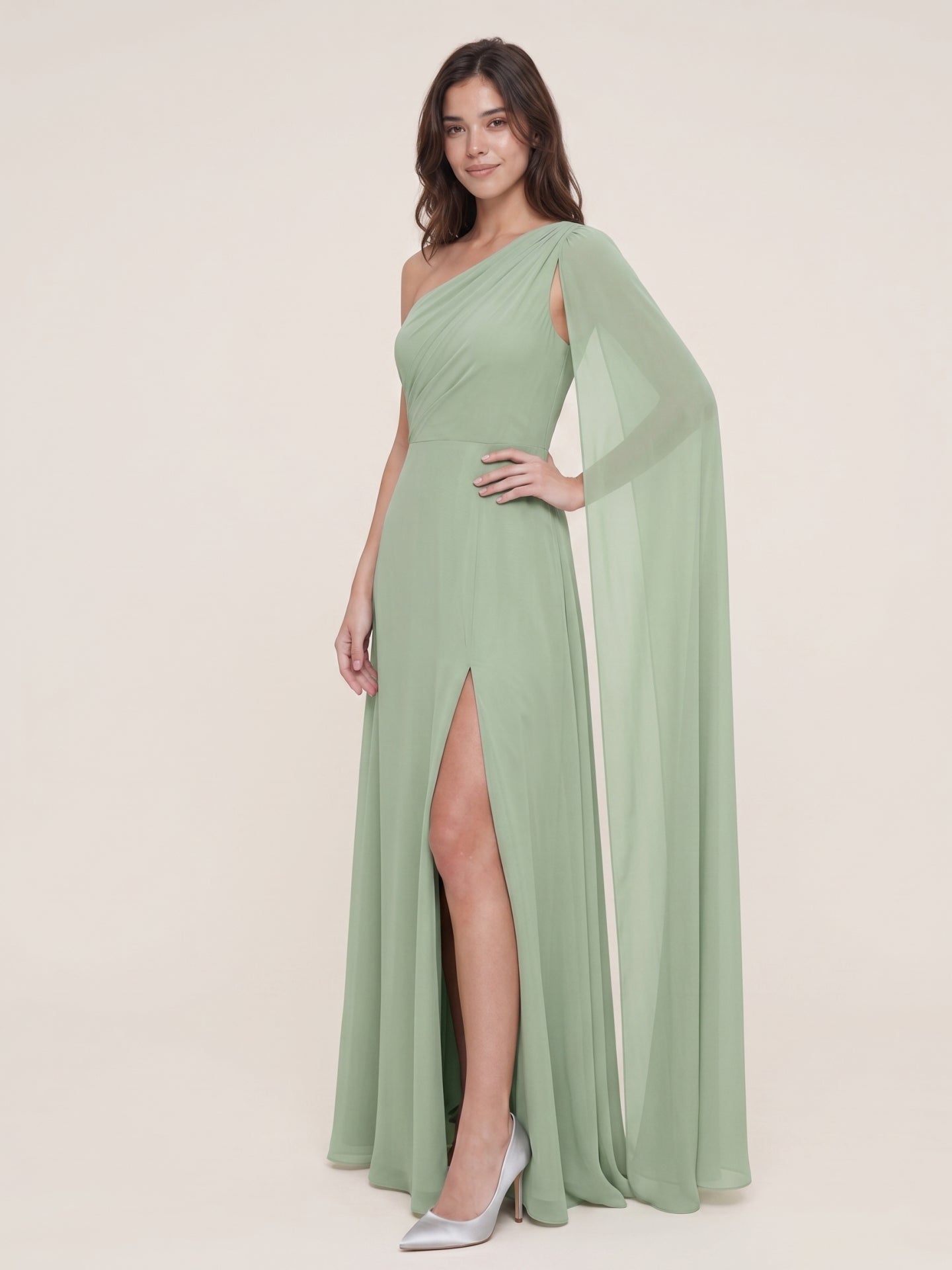 Modern Dusty Sage Chiffon A-Line One Shoulder Side Zip Ankle-Length Bridesmaid Dress