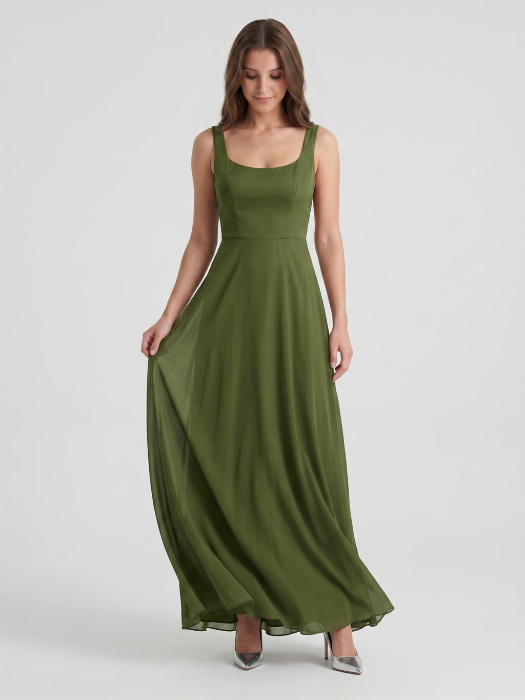 Olive Green Chiffon Column Scoop Neck Backless Floor-Length Bridesmaid Dress