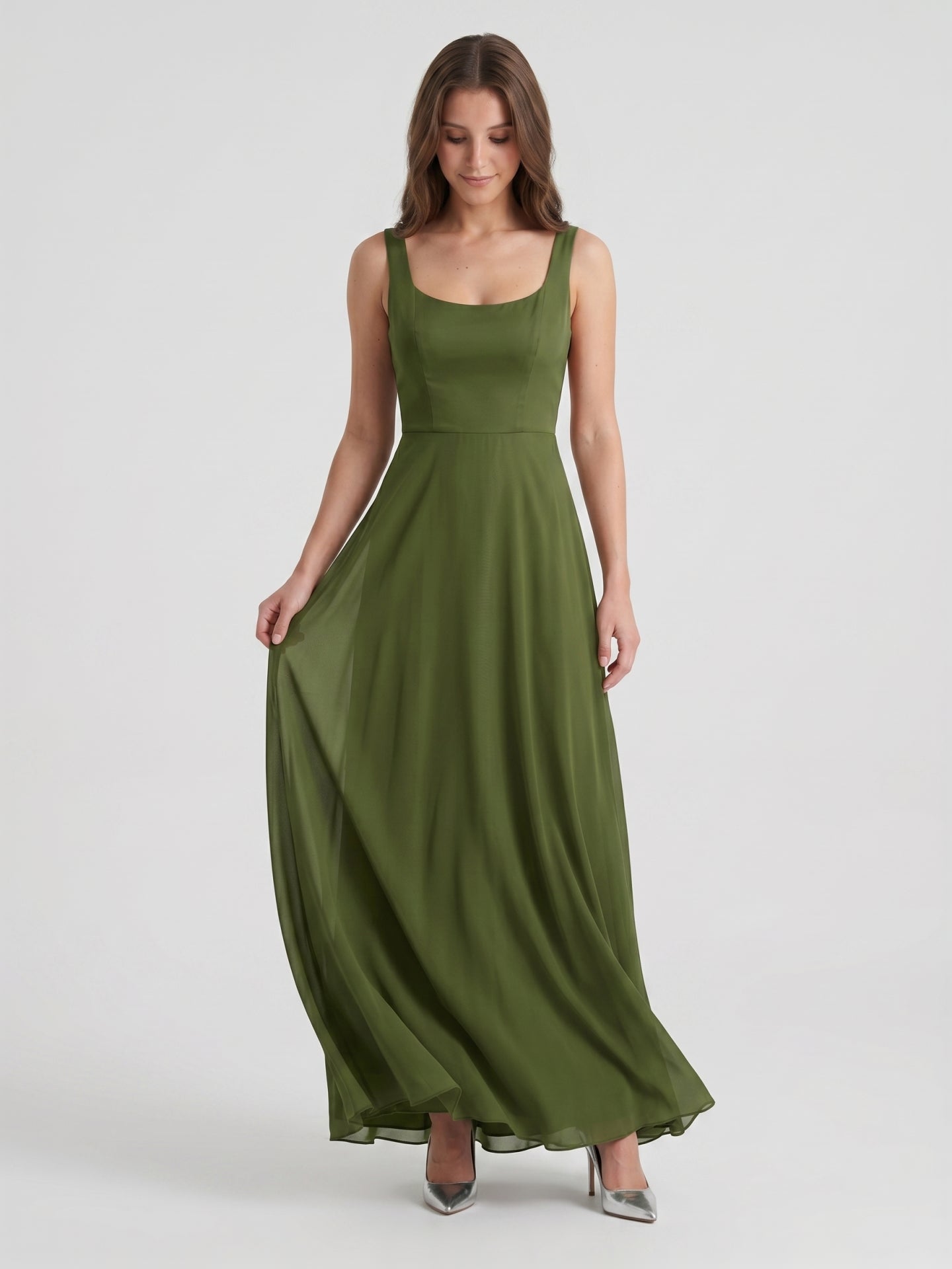 Olive Green Chiffon Column Scoop Neck Backless Floor-Length Bridesmaid Dress