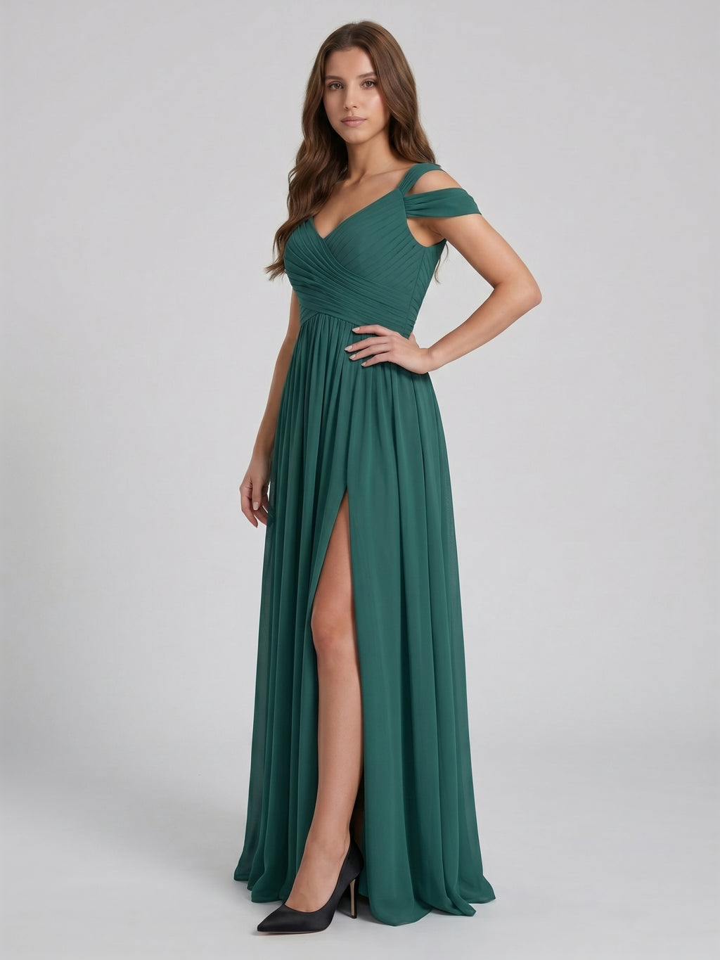 Peacock Chiffon A-Line V-Neck V-Back Floor-Length Pleated Bridesmaid Dress