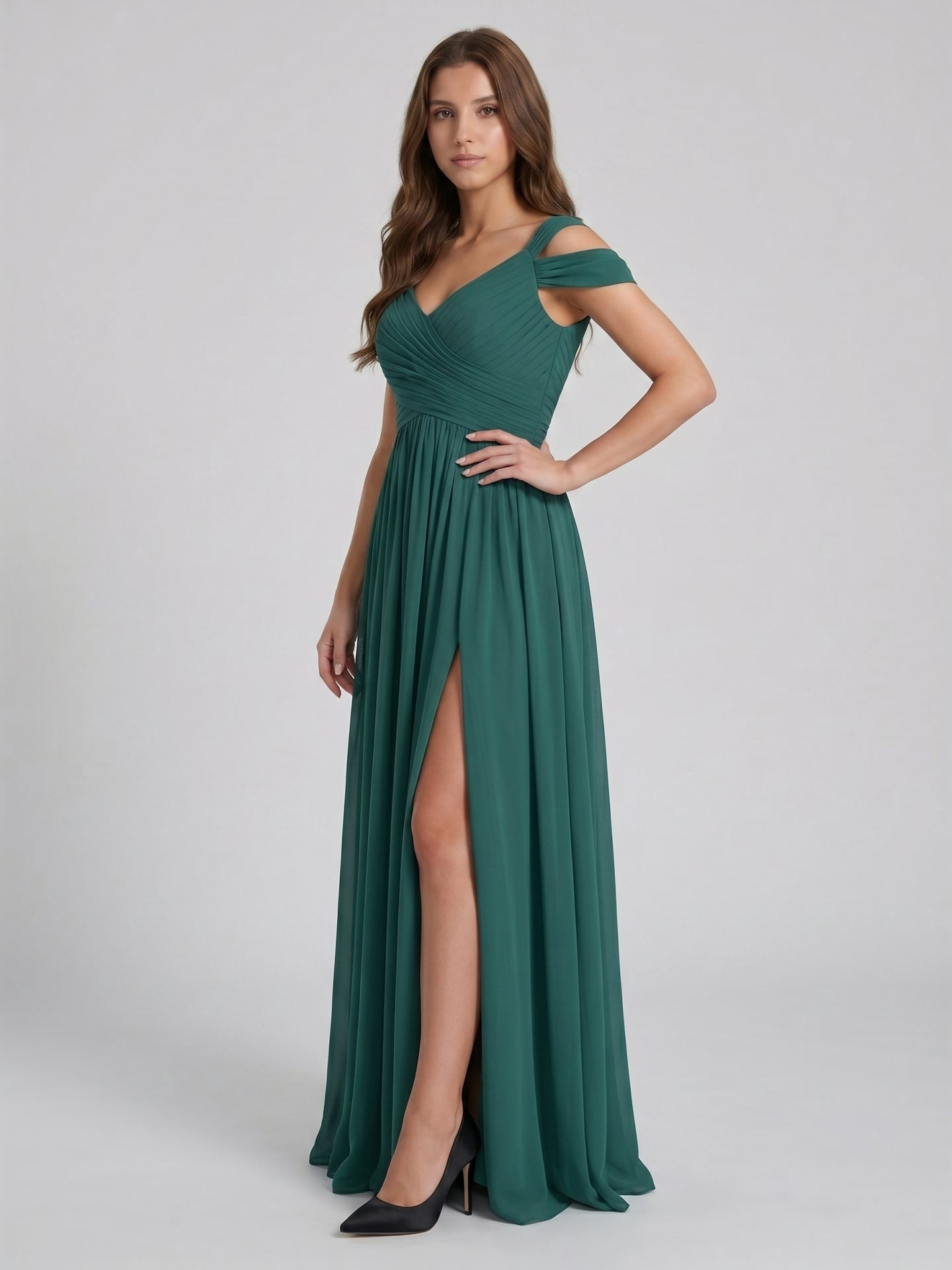 Peacock Chiffon A-Line V-Neck V-Back Floor-Length Pleated Bridesmaid Dress