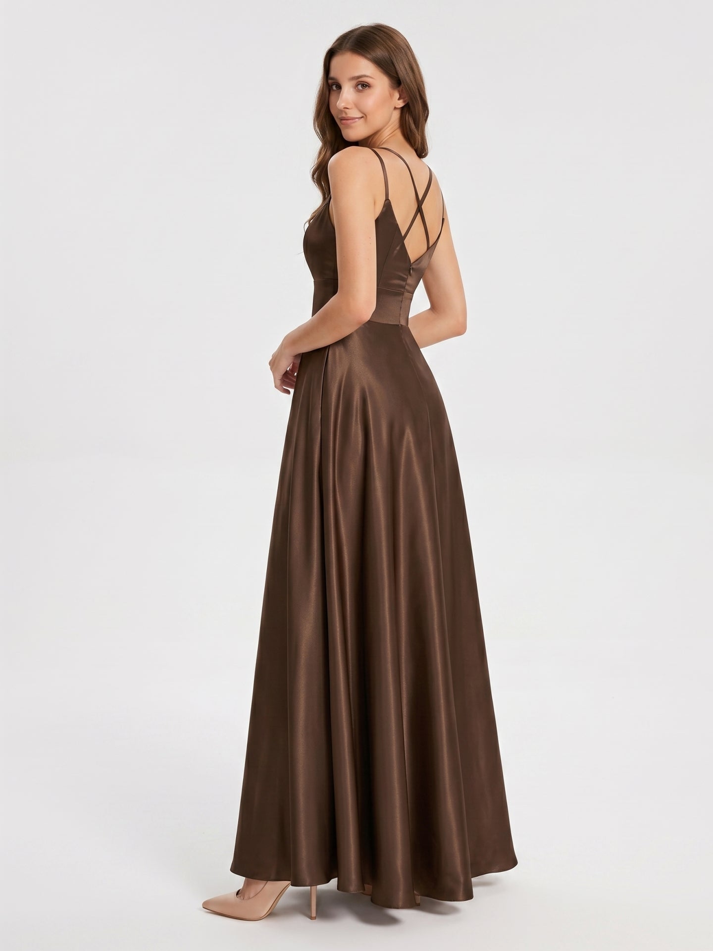 Mocha Satin A-Line V-Neck Criss-Cross Back Floor-Length Bridesmaid Dress