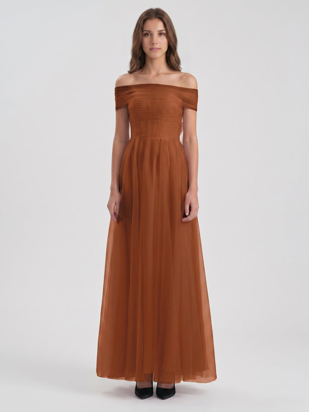 Terracotta Tulle A-Line Off-the-Shoulder Backless Floor-Length Bridesmaid Dress with Bow