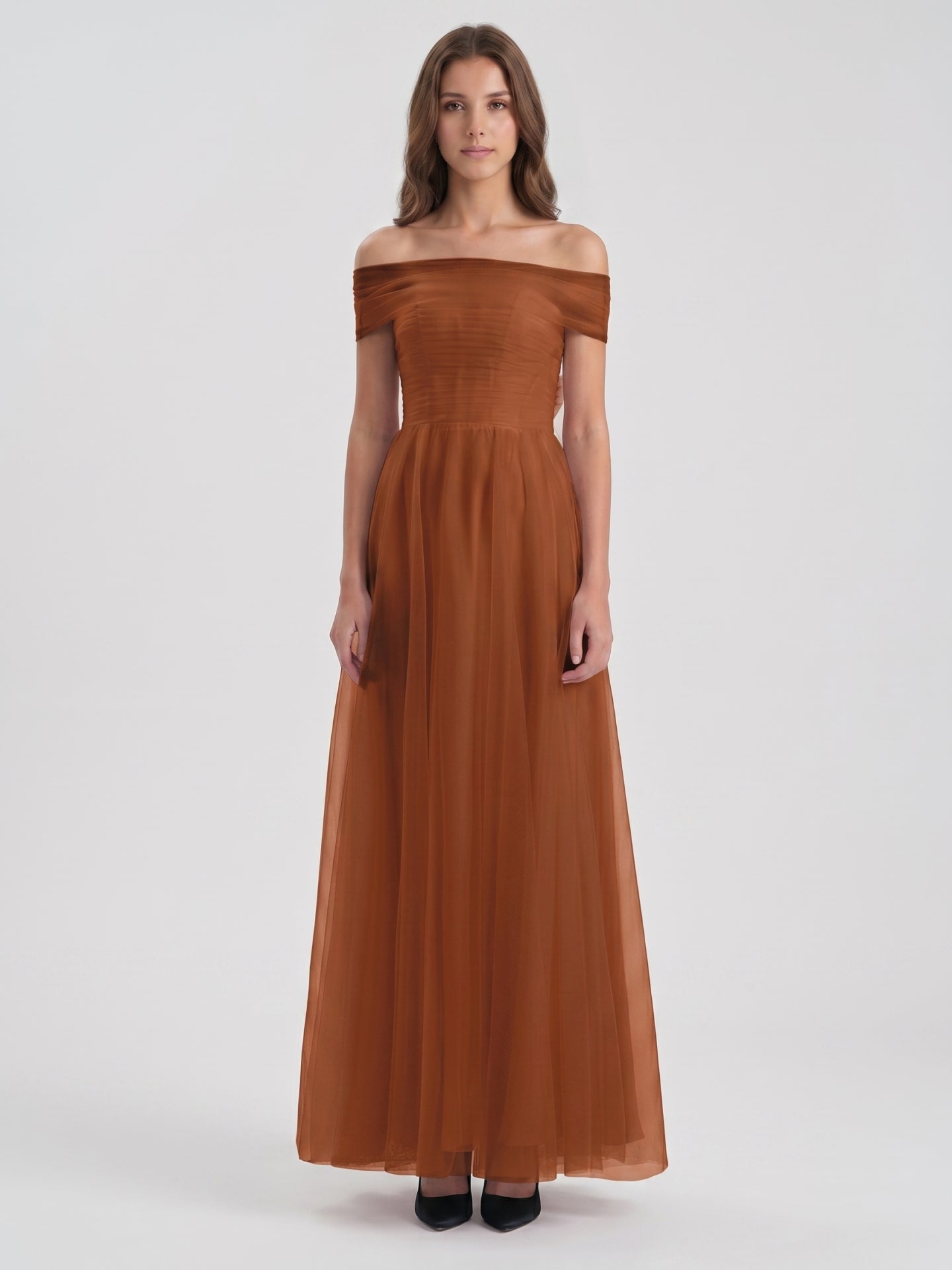 Terracotta Tulle A-Line Off-the-Shoulder Backless Floor-Length Bridesmaid Dress with Bow