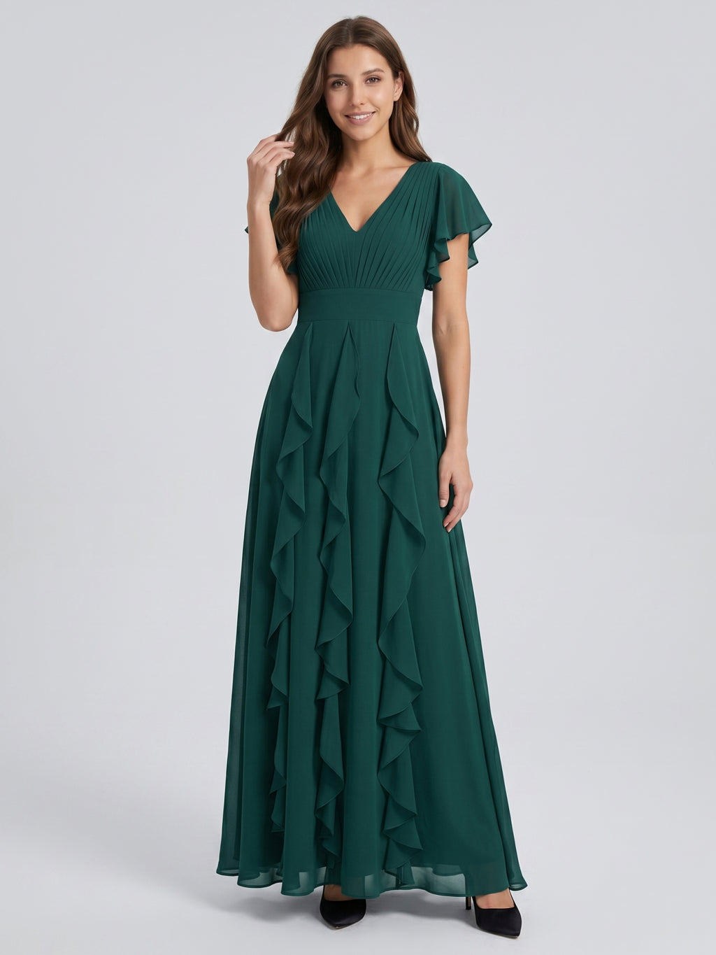 Peacock Chiffon A-Line V-Neck V-Back Floor-Length Ruffle Bridesmaid Dress