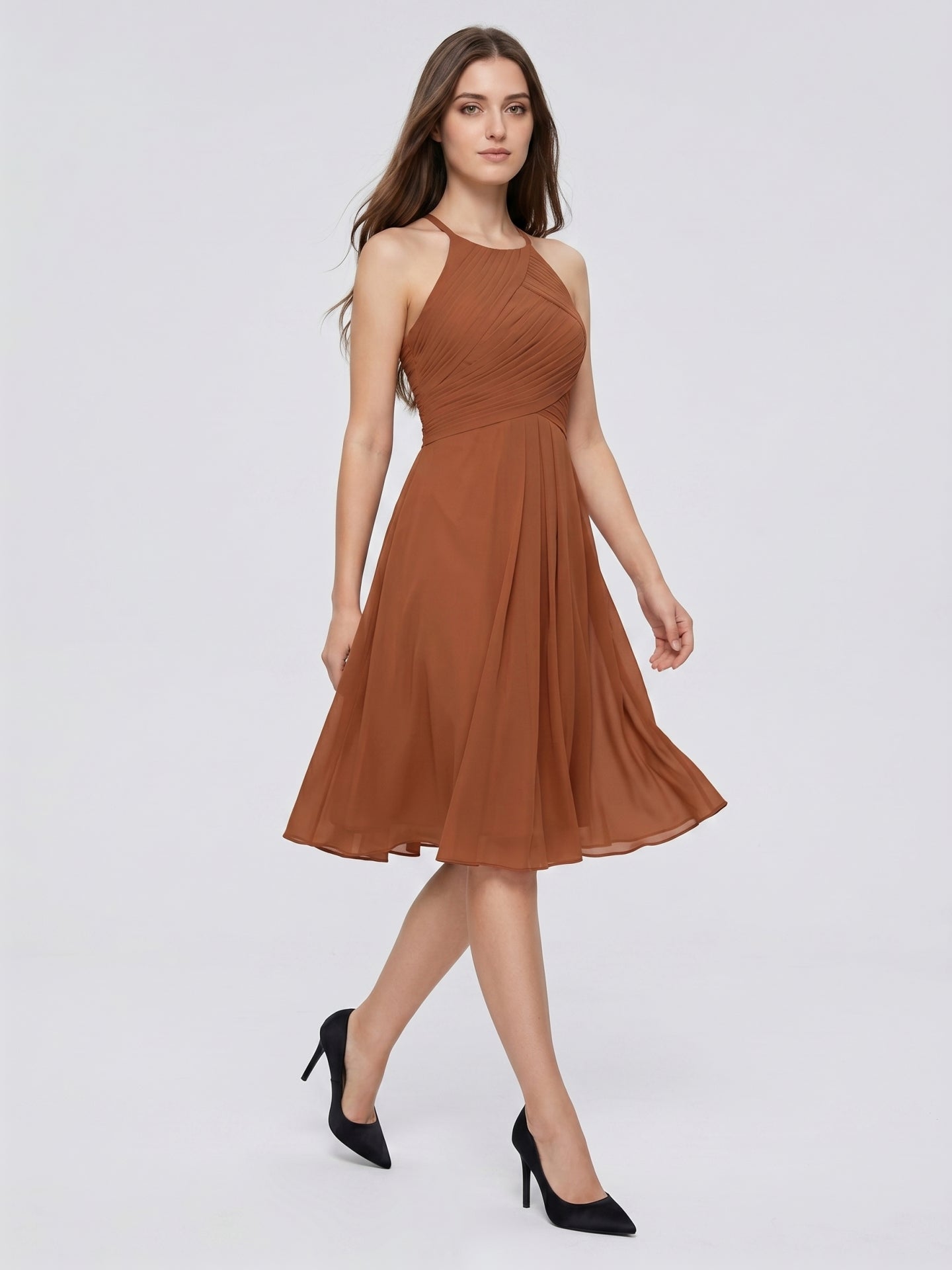 Terracotta Chiffon A-Line Halter Keyhole Back Knee-Length Pleated Bridesmaid Dress