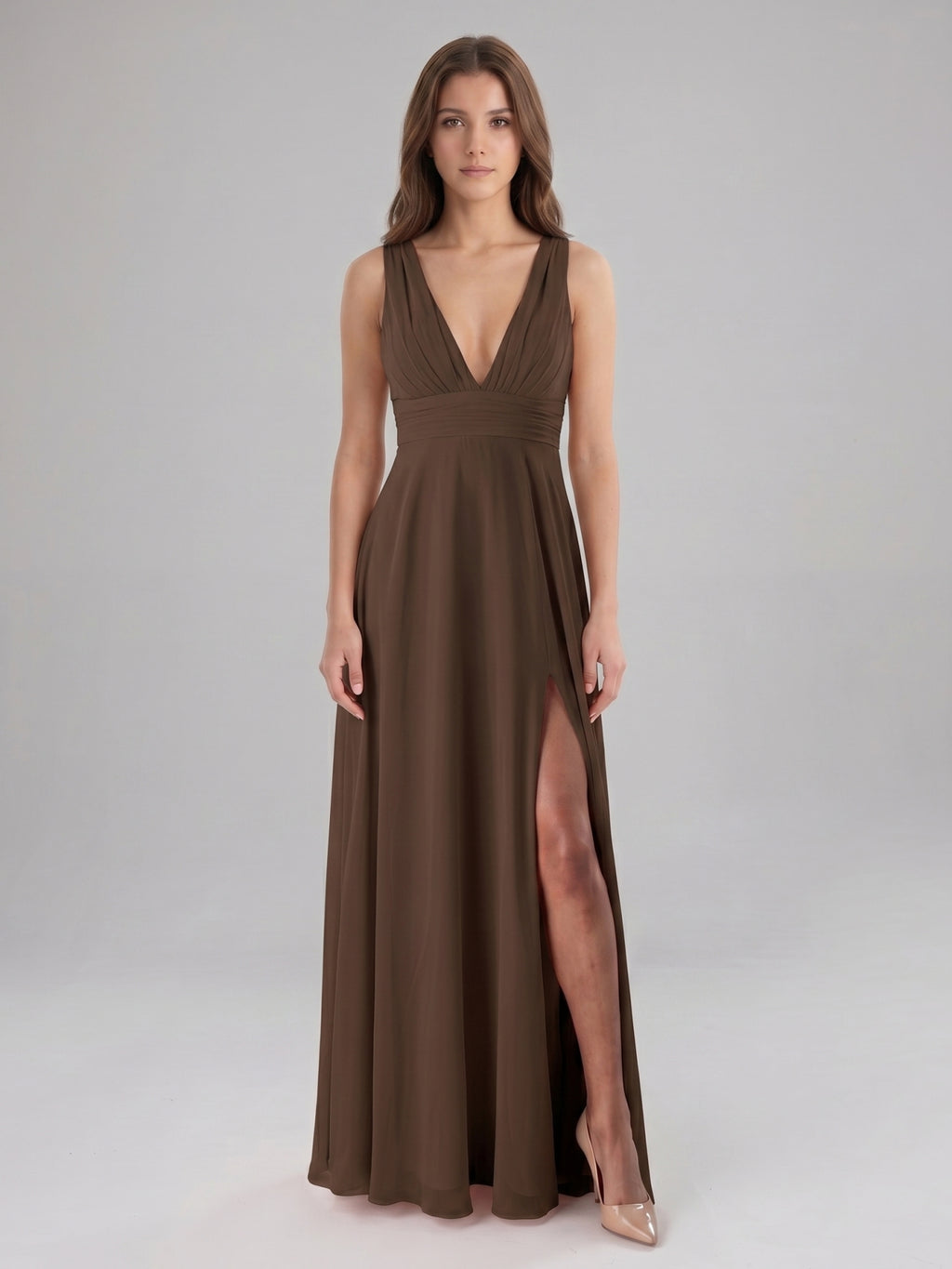 Mocha Chiffon A-Line V-Neck V-Back Floor-Length Pleated Bridesmaid Dress