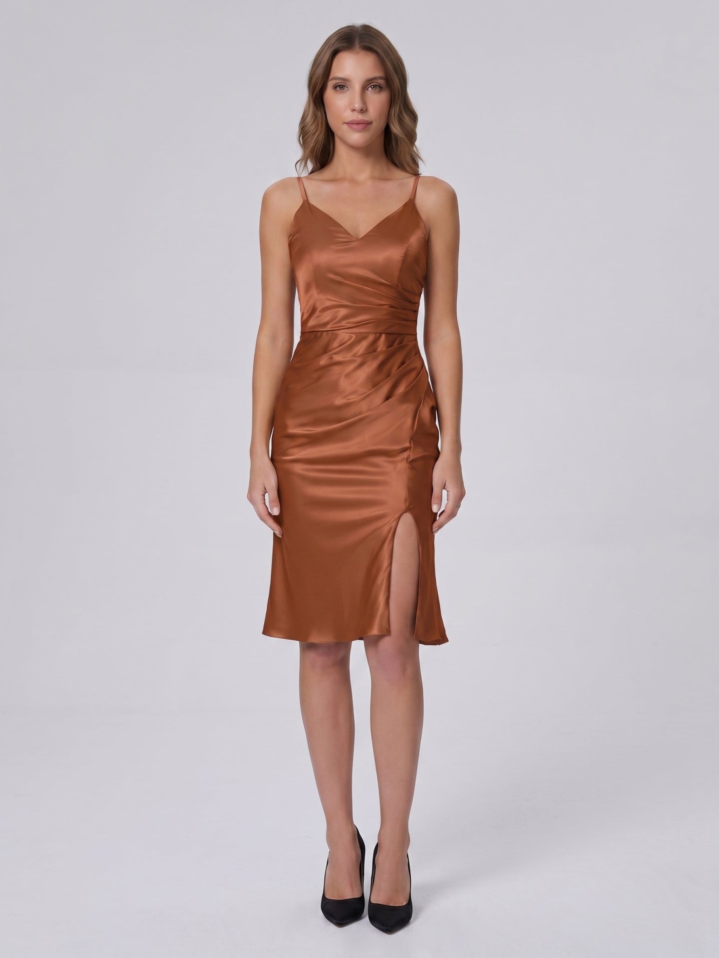 Terracotta Satin Sheath V-Neck Backless Knee-Length Pleated Bridesmaid Dress