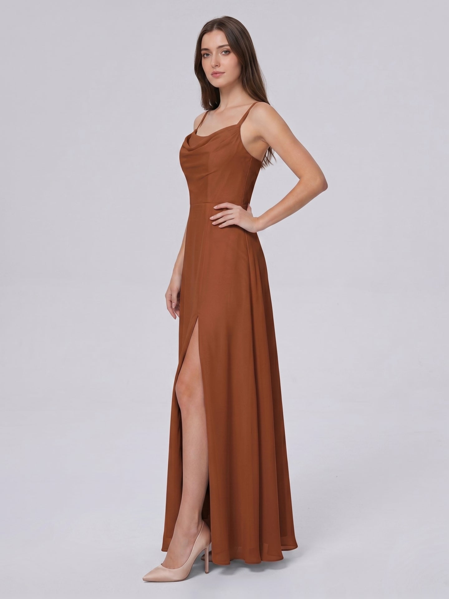 Terracotta Chiffon A-Line Scoop Neck Backless Ankle-Length Bridesmaid Dress