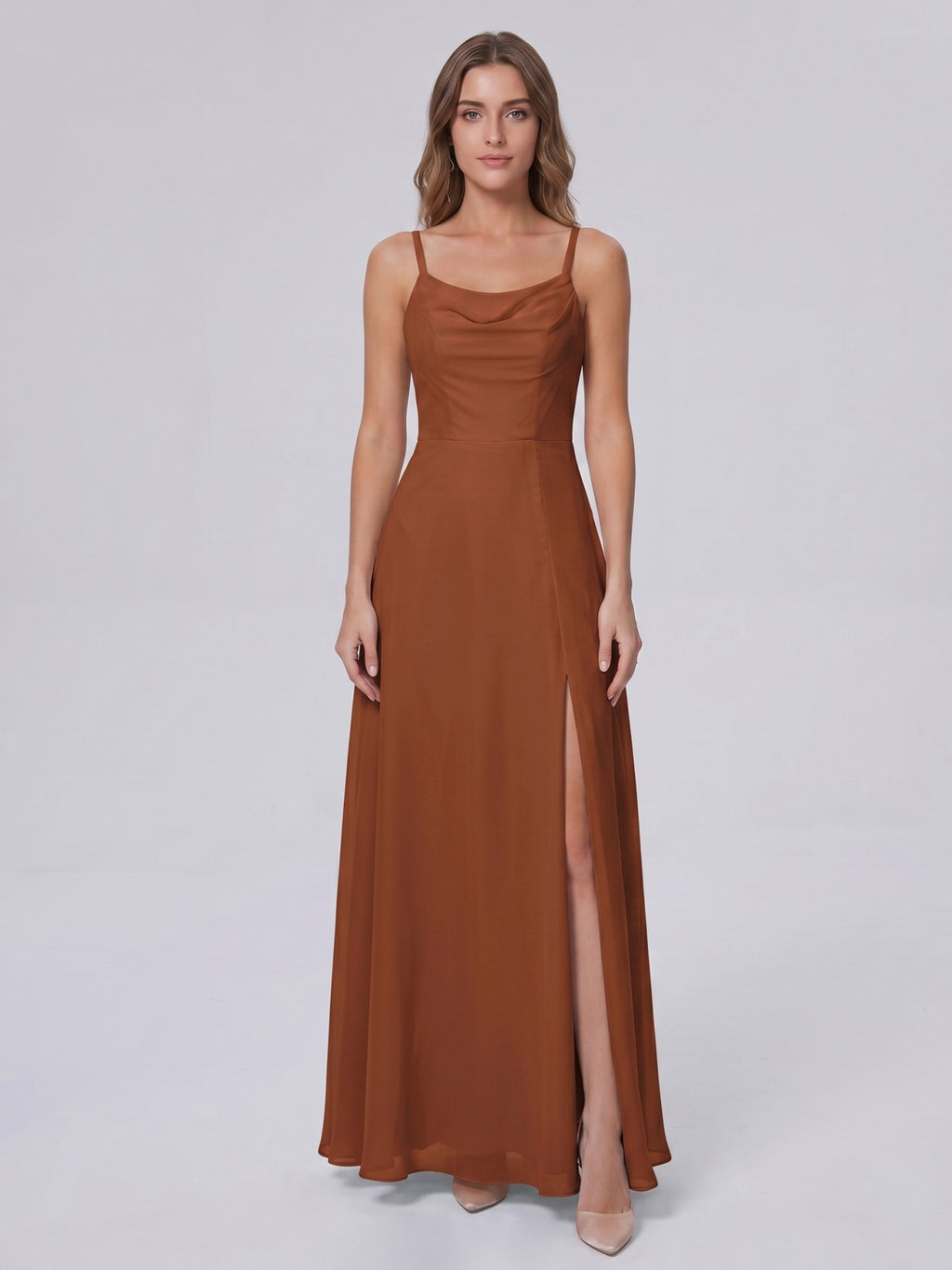 Terracotta Chiffon A-Line Scoop Neck Backless Ankle-Length Bridesmaid Dress