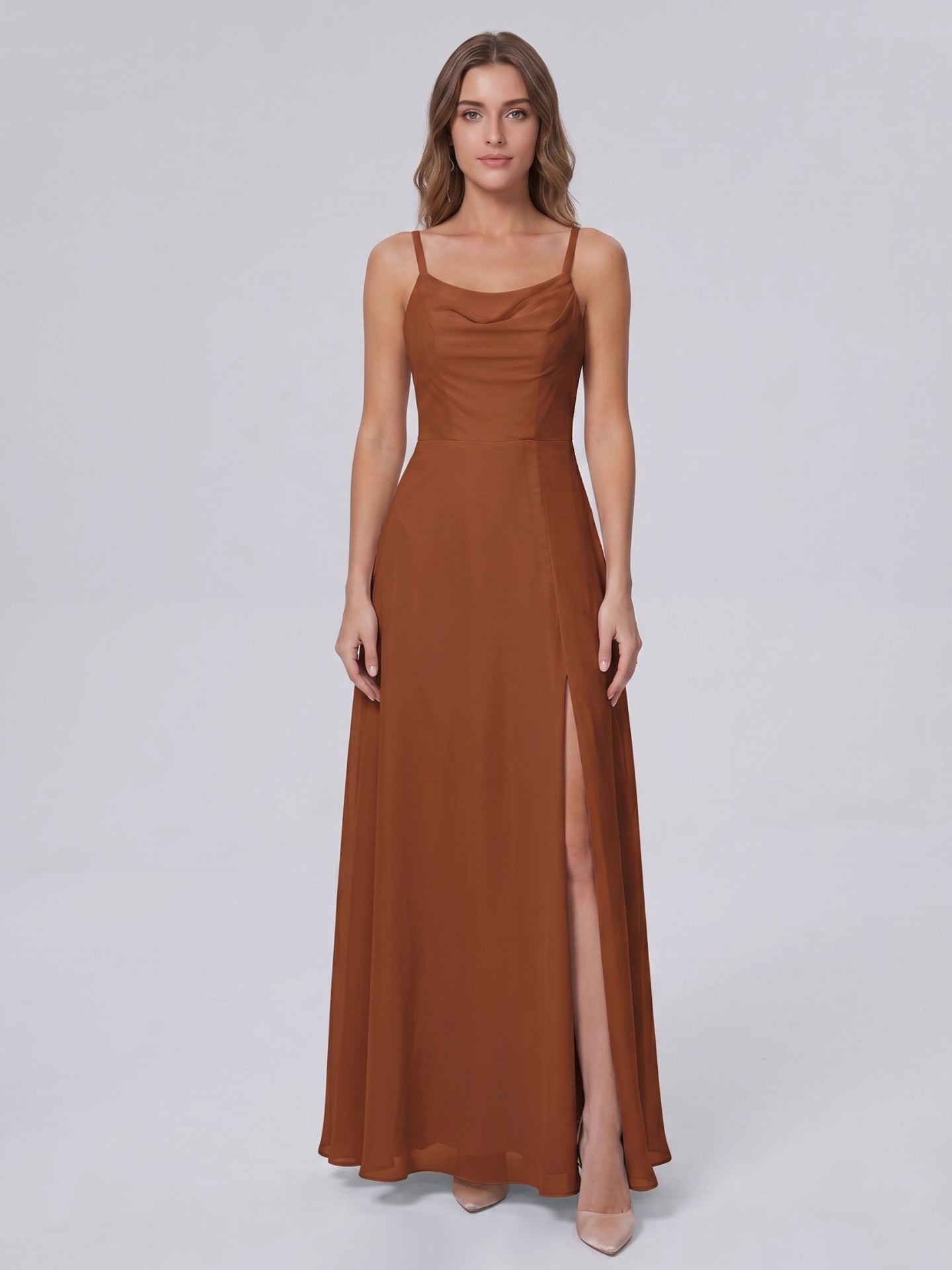 Terracotta Chiffon A-Line Scoop Neck Backless Ankle-Length Bridesmaid Dress