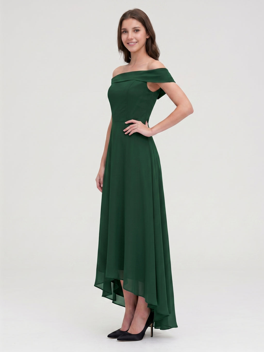 Forest Green Chiffon A-Line Off-the-Shoulder Back Zip Asymmetrical Bridesmaid Dress