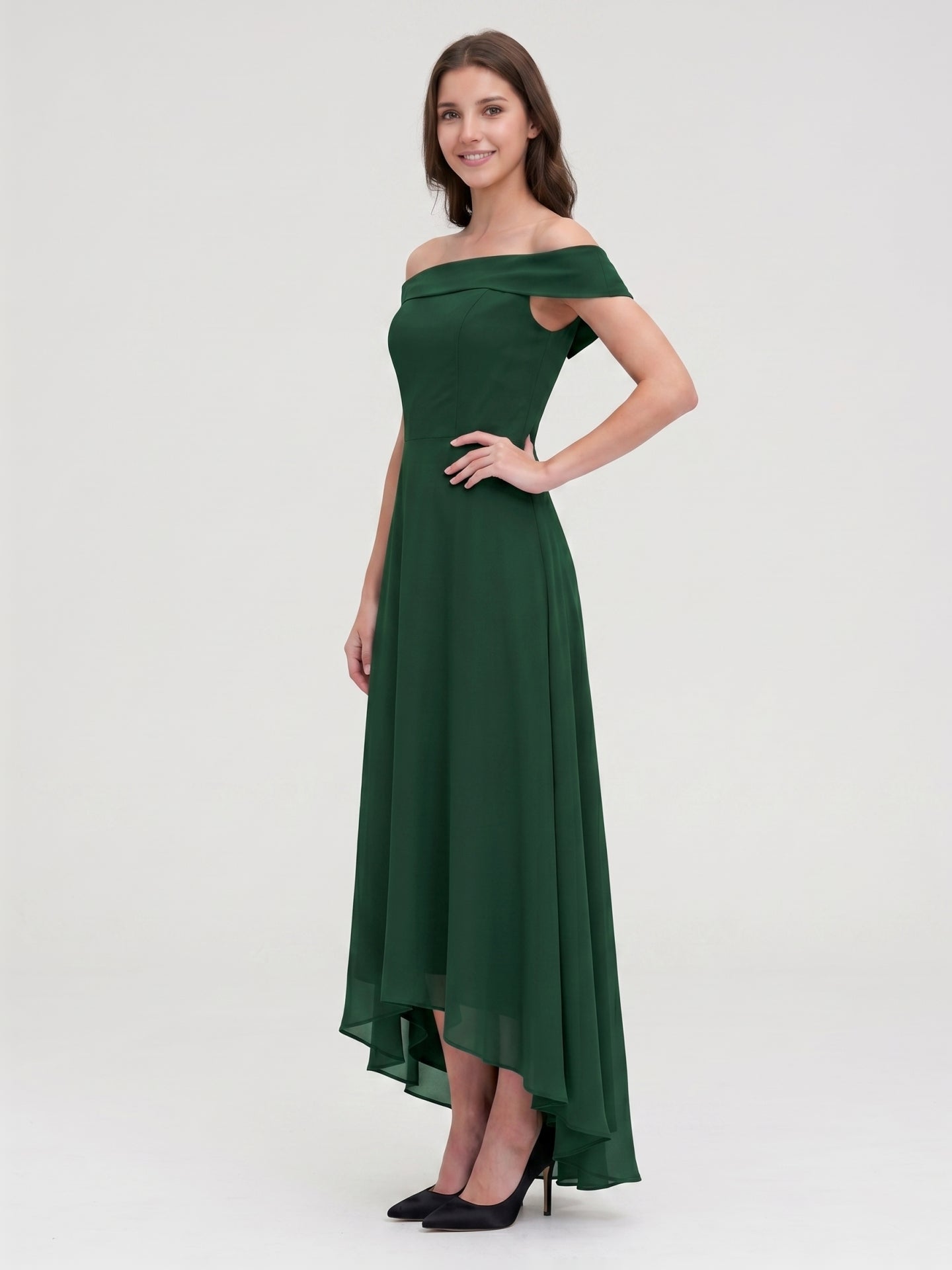 Forest Green Chiffon A-Line Off-the-Shoulder Back Zip Asymmetrical Bridesmaid Dress