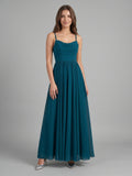 Teal Chiffon A-Line Cowl Neck Backless Floor-Length Pleated Bridesmaid Dress