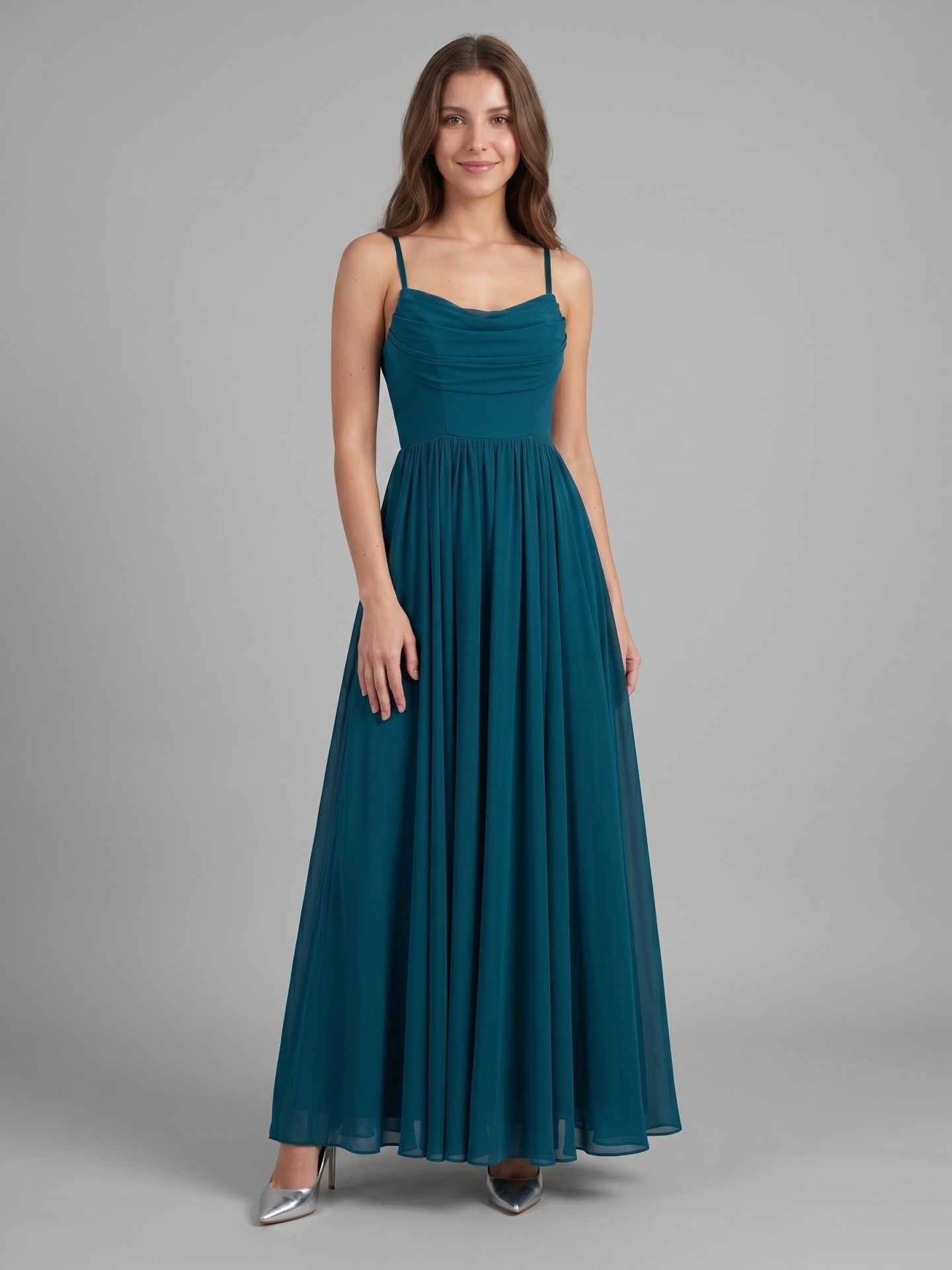 Teal Chiffon A-Line Cowl Neck Backless Floor-Length Pleated Bridesmaid Dress