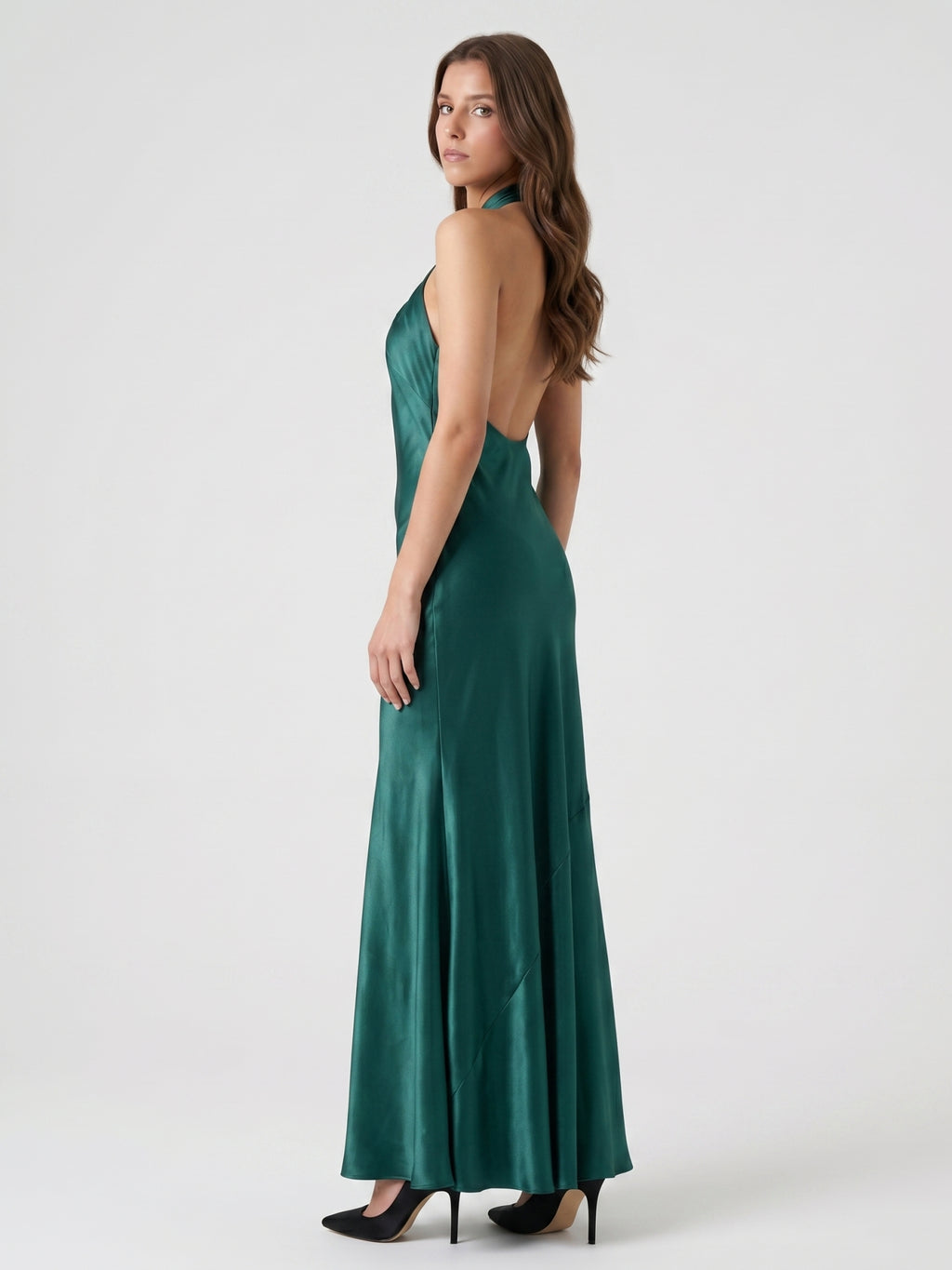 Peacock Satin Sheath Halter Backless Floor-Length Pleated Bridesmaid Dress