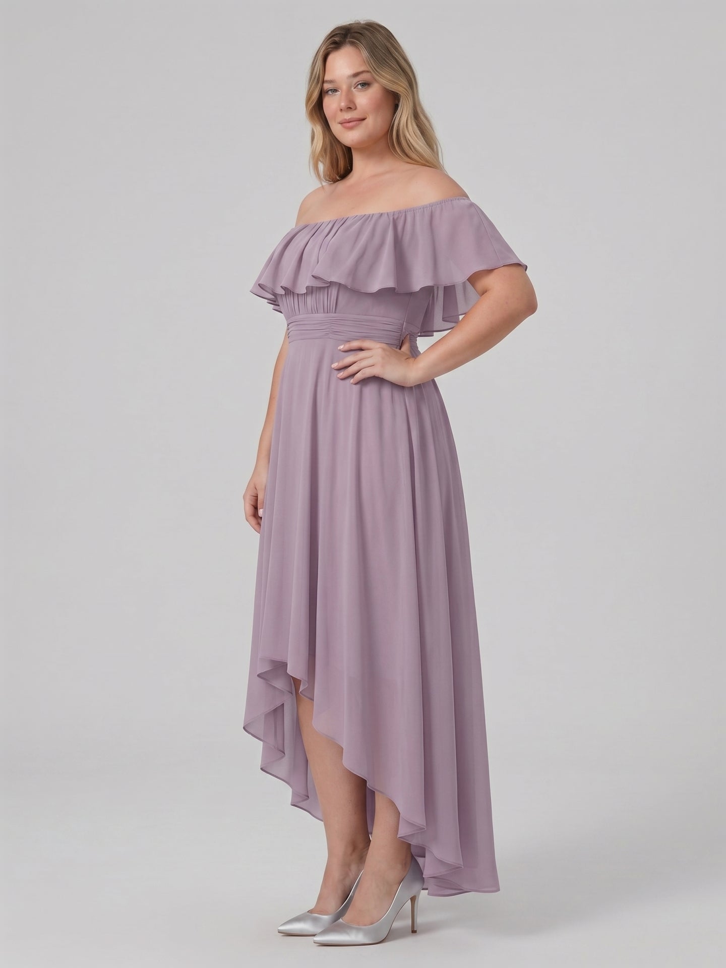 Sweet & Flowy lavender Chiffon A-Line Off-the-Shoulder Backless Asymmetrical Plus Size Bridesmaid Dress