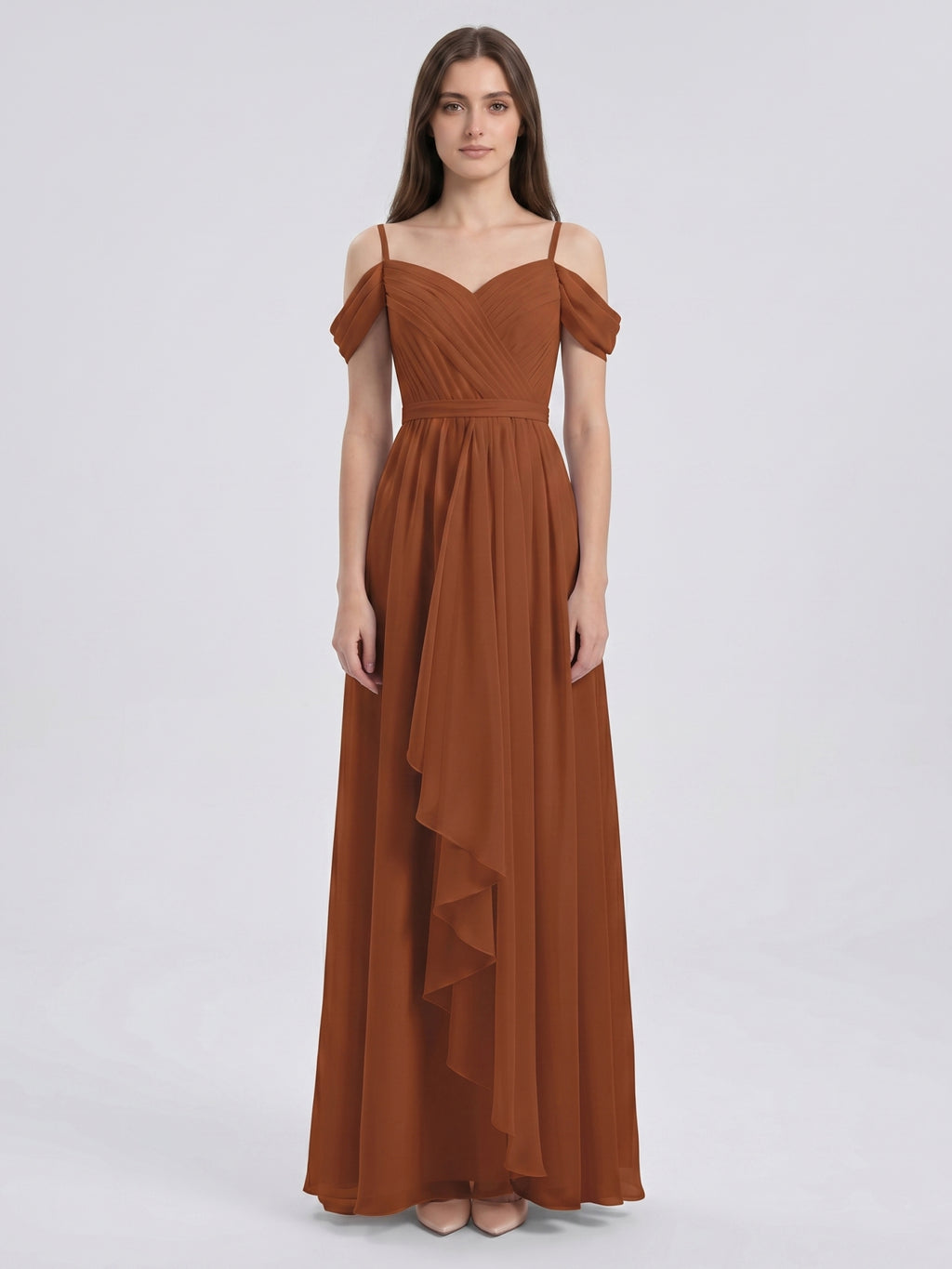 Terracotta Chiffon A-Line Off-the-Shoulder Backless Floor-Length Pleated Bridesmaid Dress