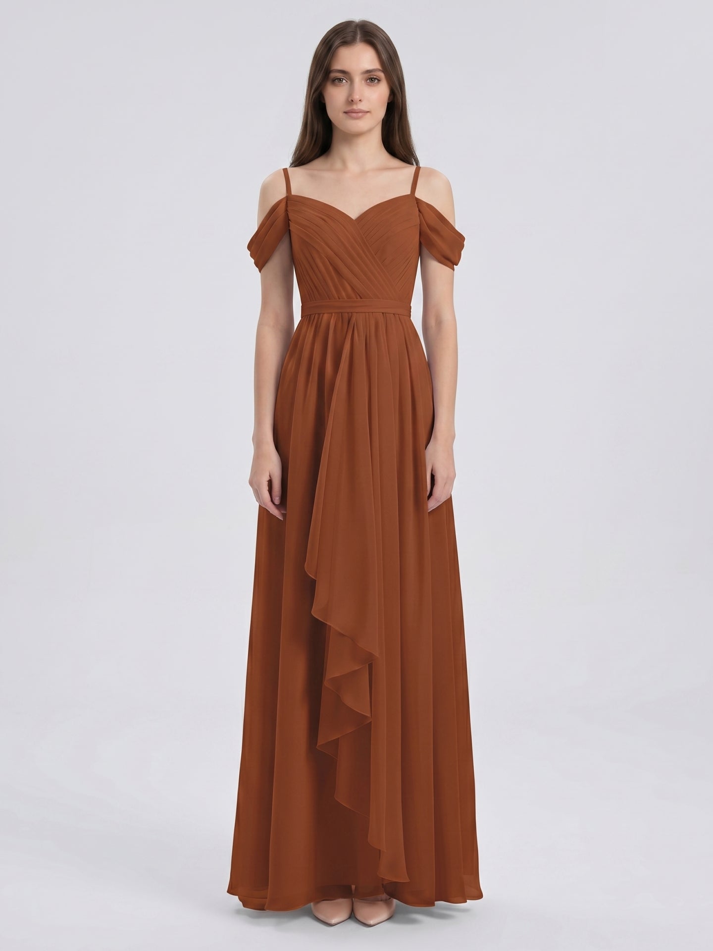 Terracotta Chiffon A-Line Off-the-Shoulder Backless Floor-Length Pleated Bridesmaid Dress