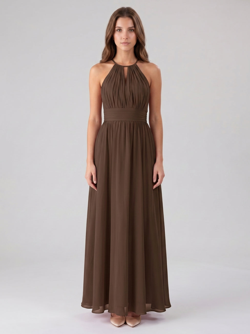 Mocha Chiffon A-Line Halter Keyhole Back Floor-Length Bridesmaid Dress