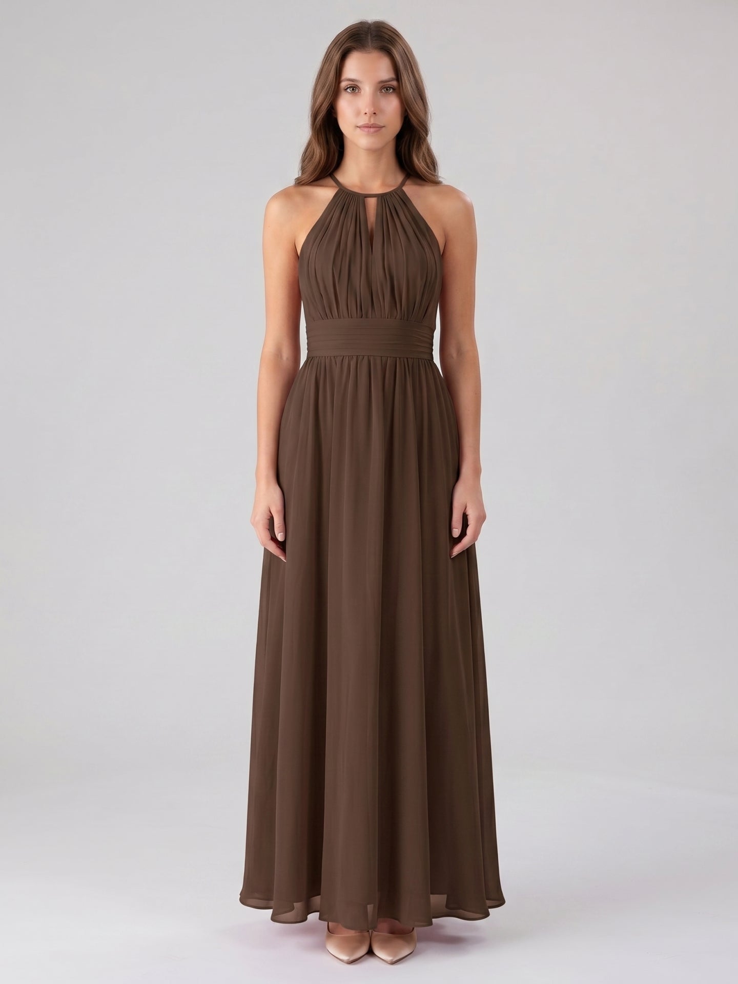 Mocha Chiffon A-Line Halter Keyhole Back Floor-Length Bridesmaid Dress