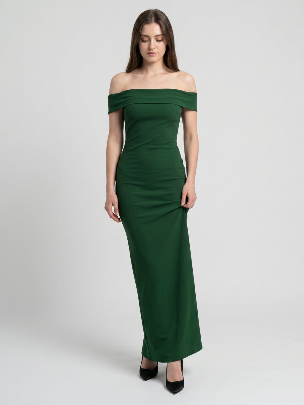 Emerald Stretch Knit Mermaid Off-the-Shoulder Backless Floor-Length Bridesmaid Dress