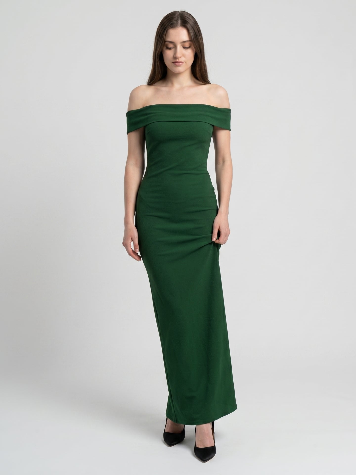 Emerald Stretch Knit Mermaid Off-the-Shoulder Backless Floor-Length Bridesmaid Dress