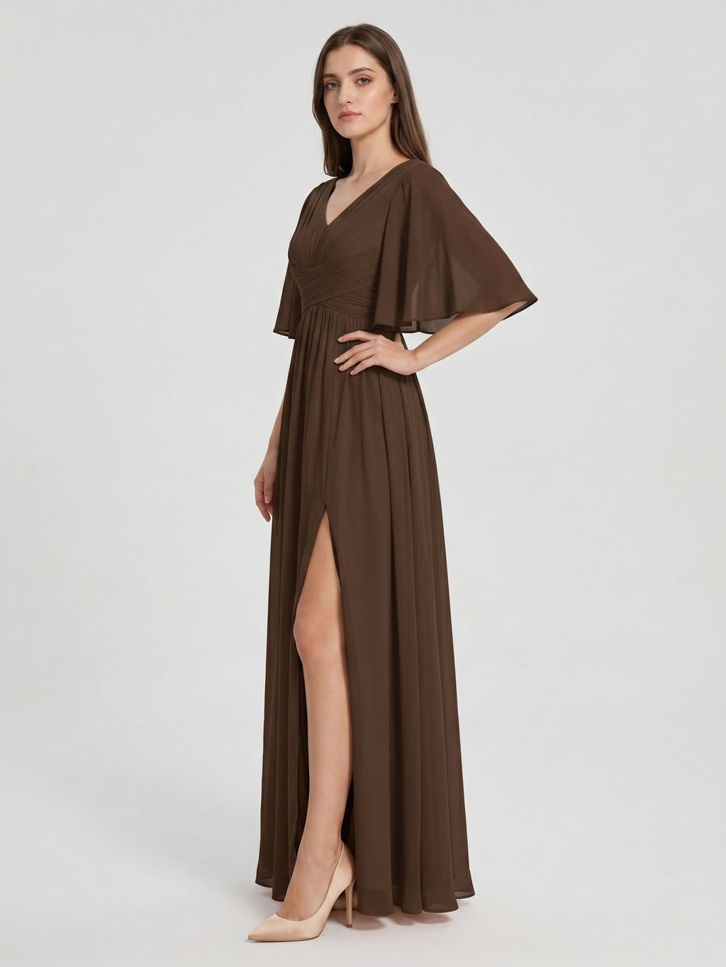 Mocha Chiffon A-Line V-Neck V-Back Ankle-Length Bridesmaid Dress