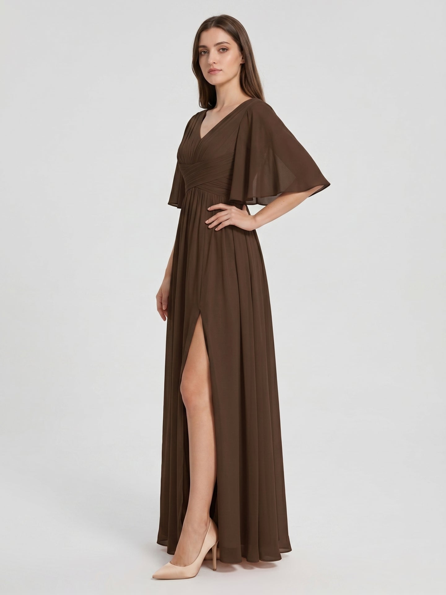 Mocha Chiffon A-Line V-Neck V-Back Ankle-Length Bridesmaid Dress