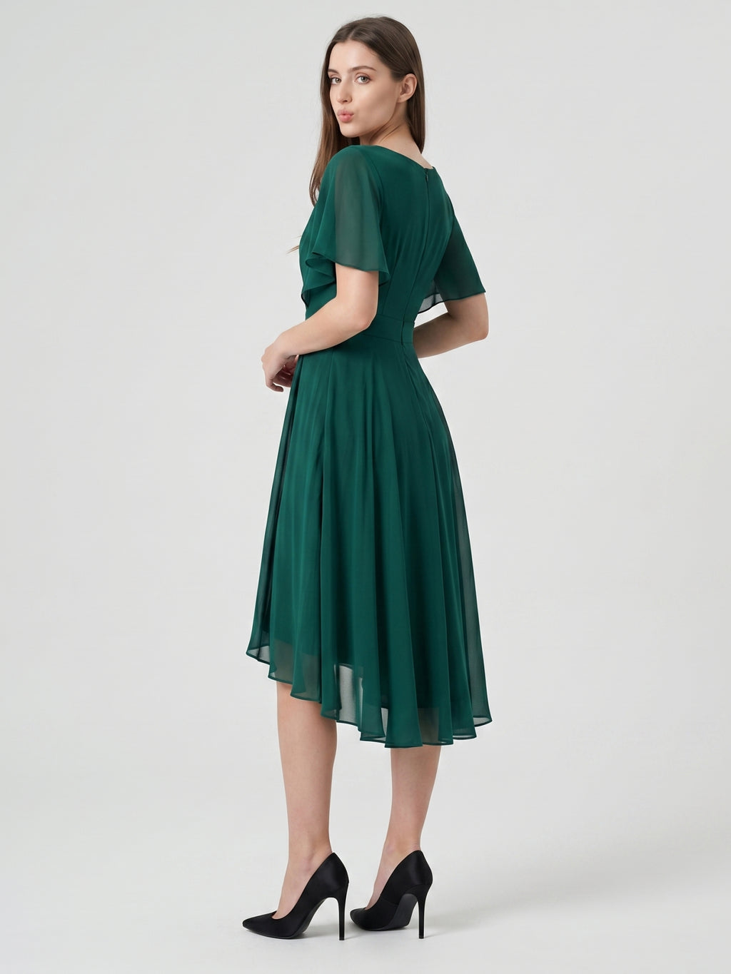 Peacock Chiffon A-Line V-Neck Back Zip Asymmetrical Pleated Bridesmaid Dress