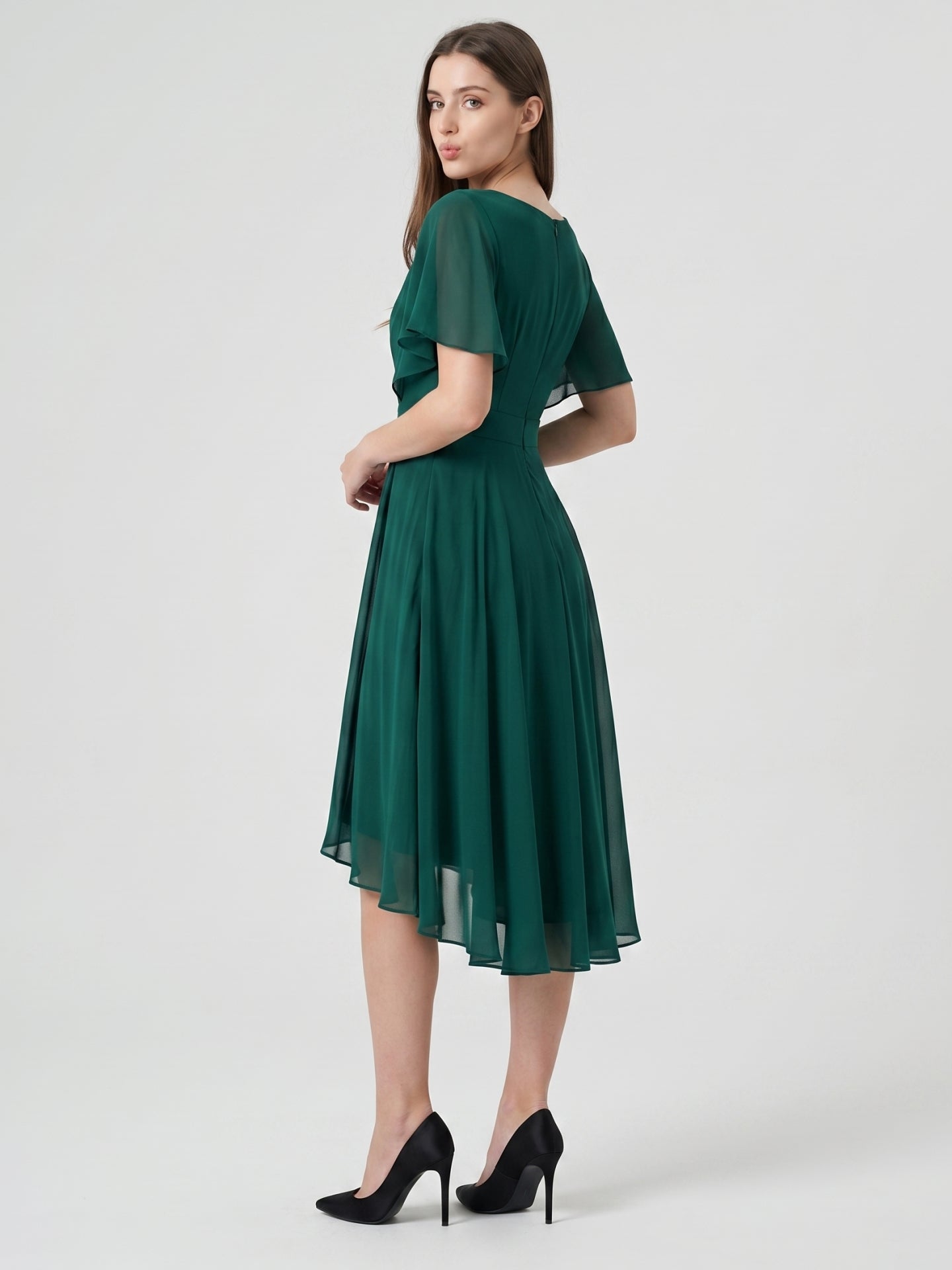Peacock Chiffon A-Line V-Neck Back Zip Asymmetrical Pleated Bridesmaid Dress