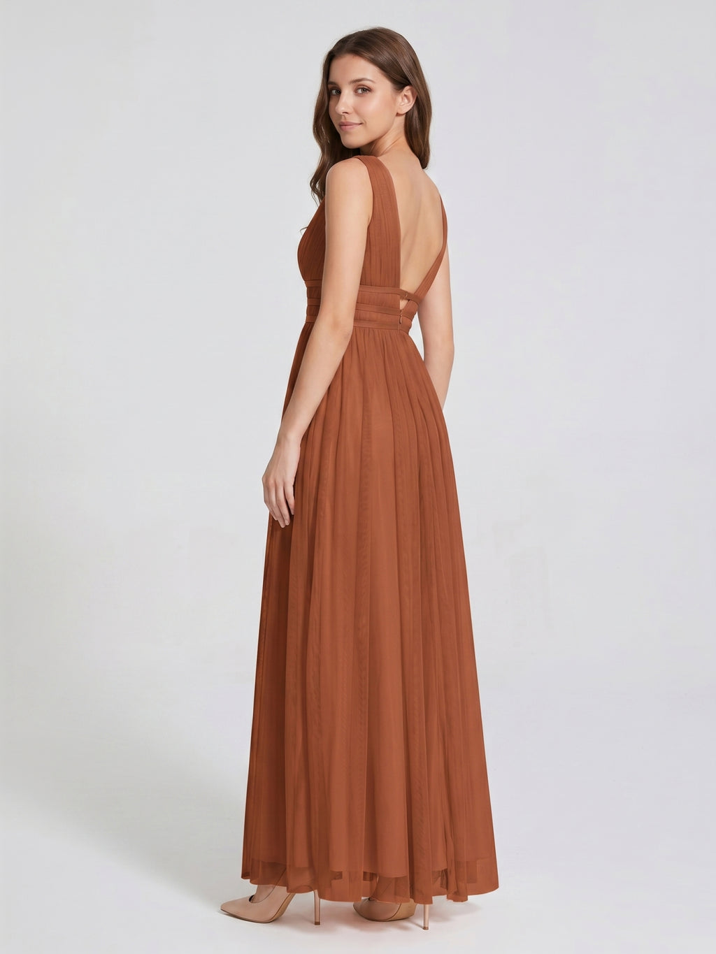 Terracotta Tulle A-Line V-Neck V-Back Floor-Length Pleated Bridesmaid Dress