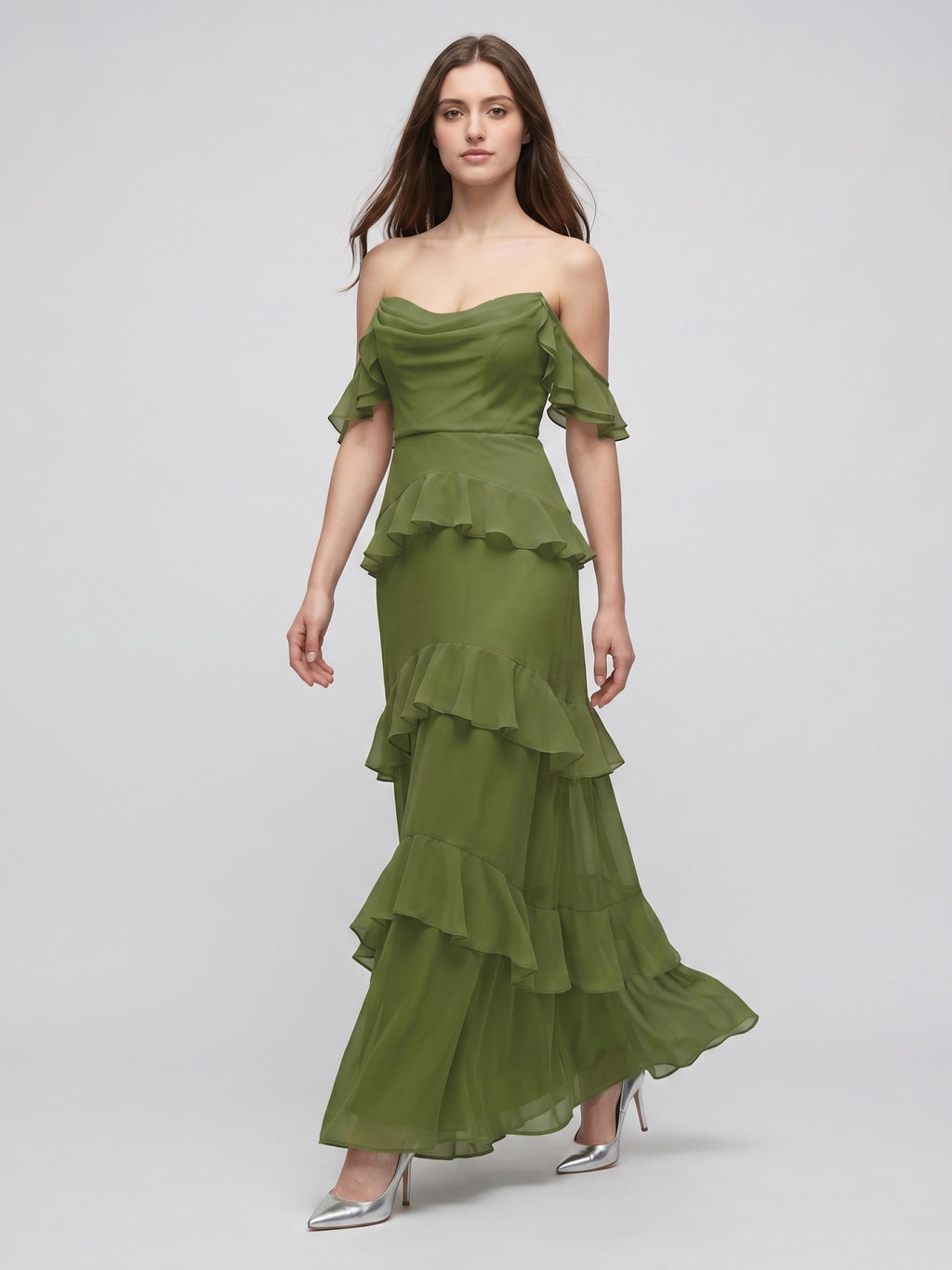Olive Green Chiffon Sheath Off-the-Shoulder Back Zip Floor-Length Ruffle Bridesmaid Dress