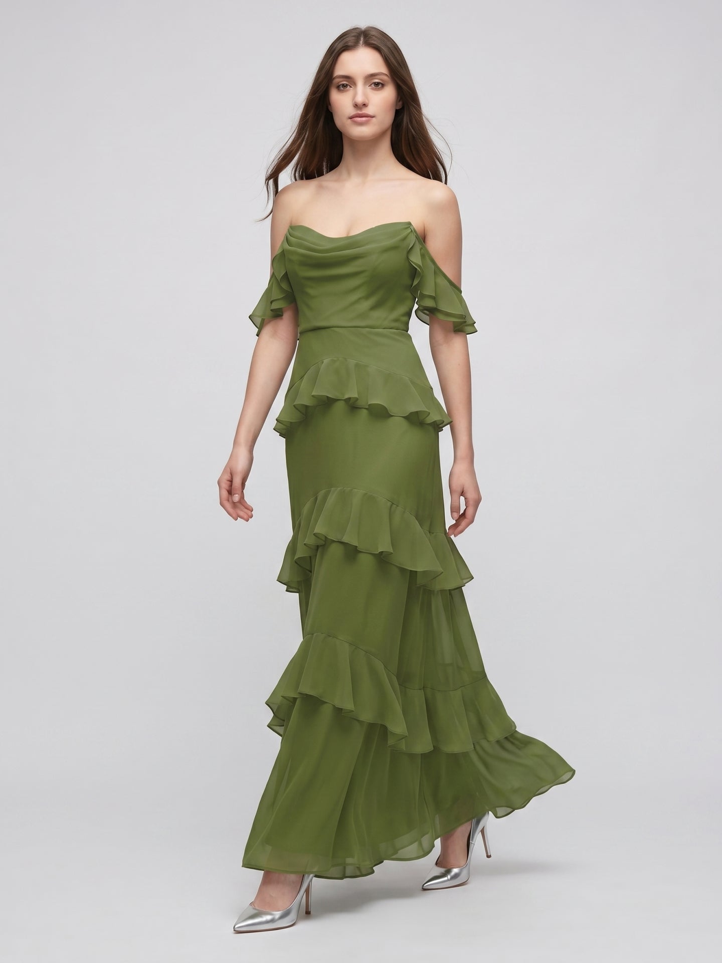 Olive Green Chiffon Sheath Off-the-Shoulder Back Zip Floor-Length Ruffle Bridesmaid Dress
