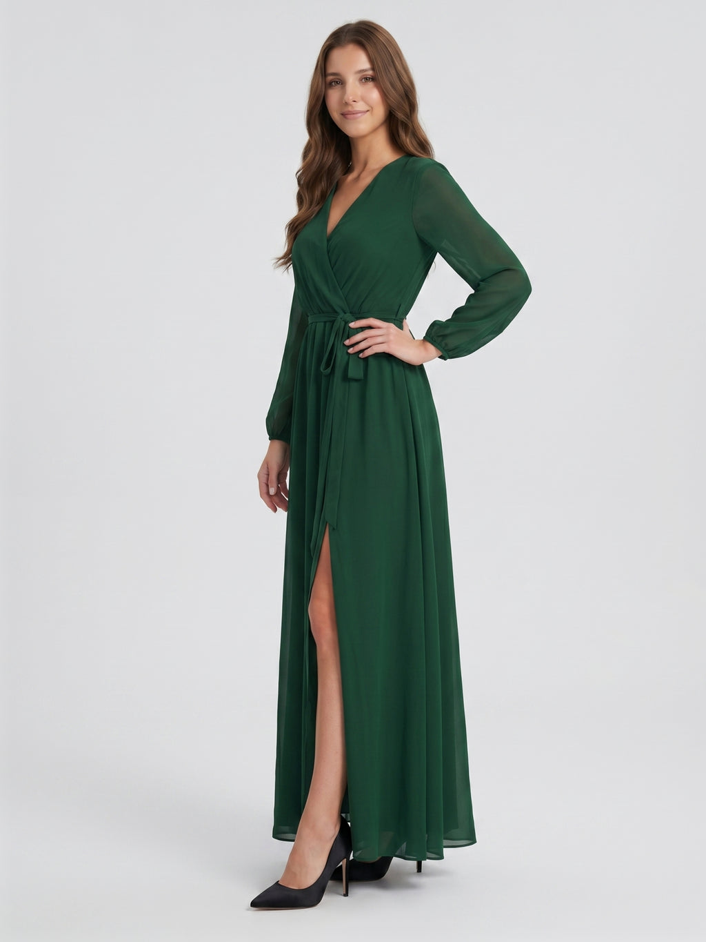 Forest Green Chiffon A-Line V-Neck Back Zip Floor-Length Pleated Bridesmaid Dress