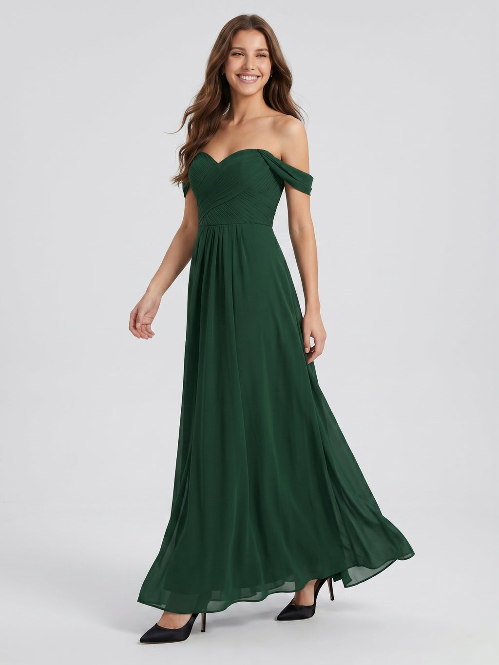Forest Green Chiffon A-Line Off-the-Shoulder Backless Floor-Length Pleated Dress
