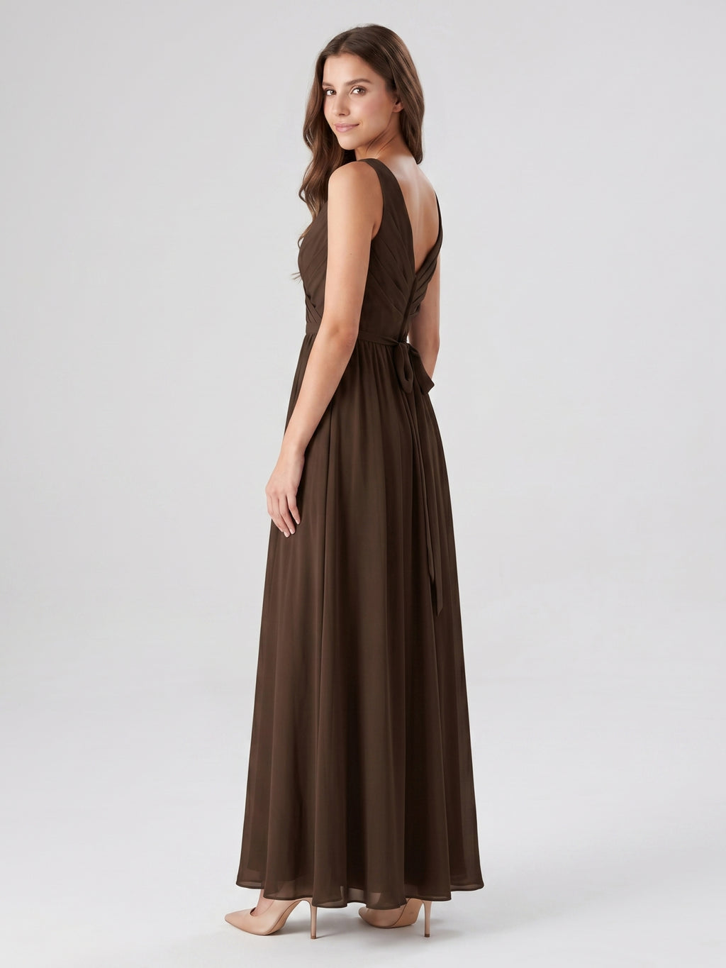 Mocha Chiffon A-Line V-Neck V-Back Floor-Length Bridesmaid Dress with Bow