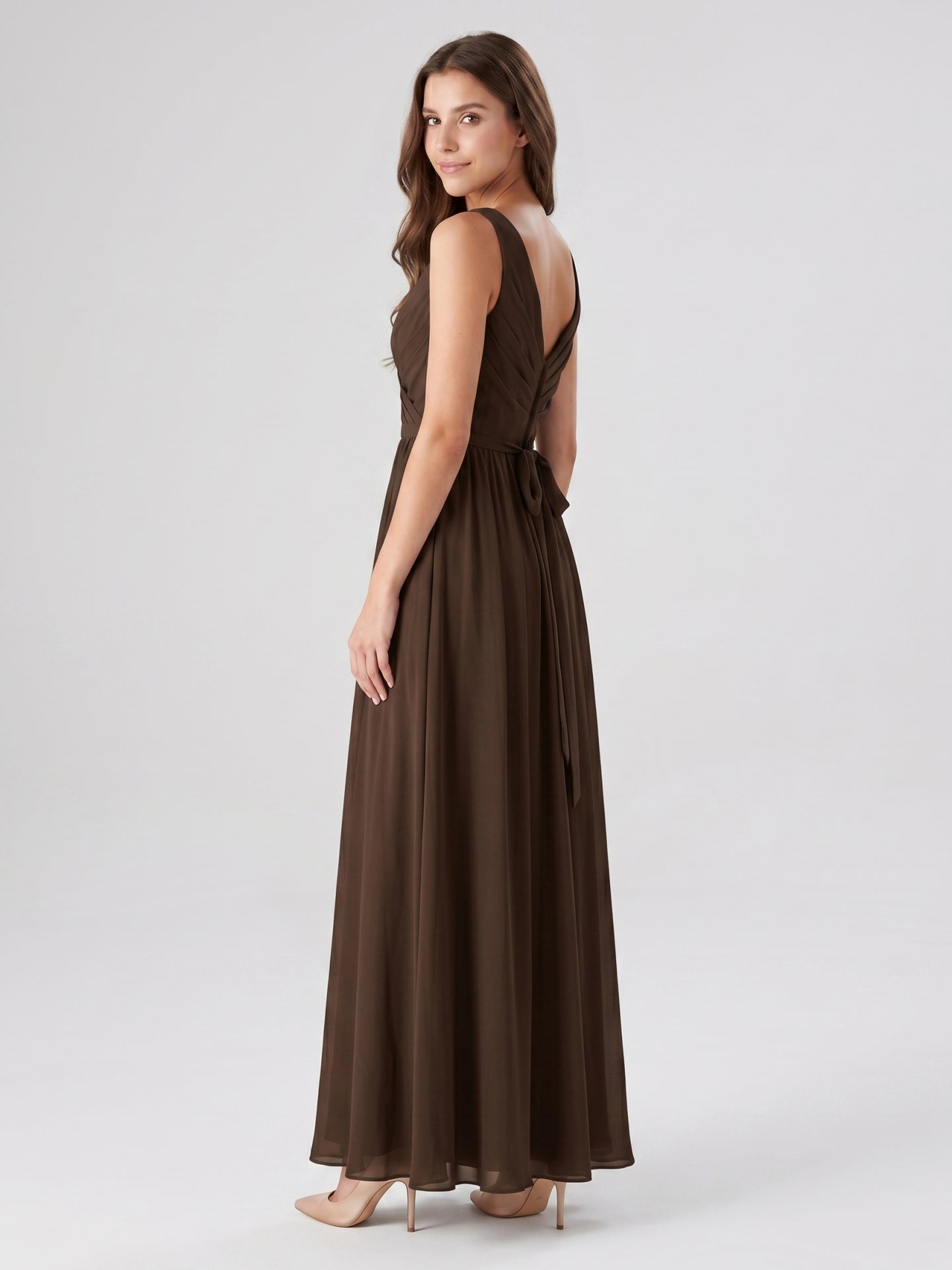 Mocha Chiffon A-Line V-Neck V-Back Floor-Length Bridesmaid Dress with Bow