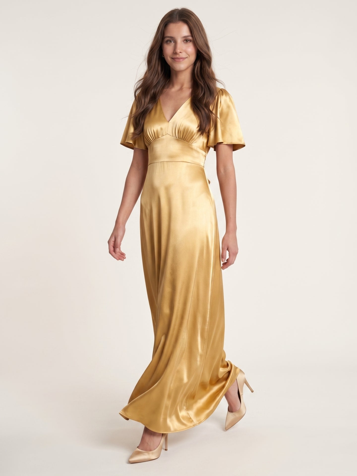 Elegant Gold Satin A-Line V-Neck V-Back Ankle-Length Bridesmaid Dress